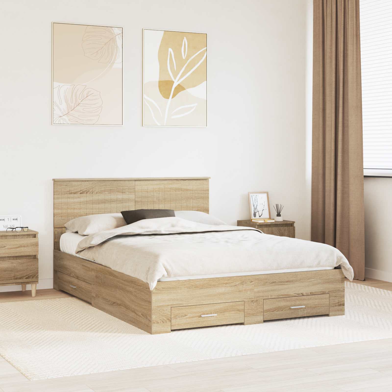 Bedframe met hoofdeinde Sonoma Eiken 140 x 190 cm Bewerkt hout is nu te koop bij PeponiXL, paradijselijk wonen!