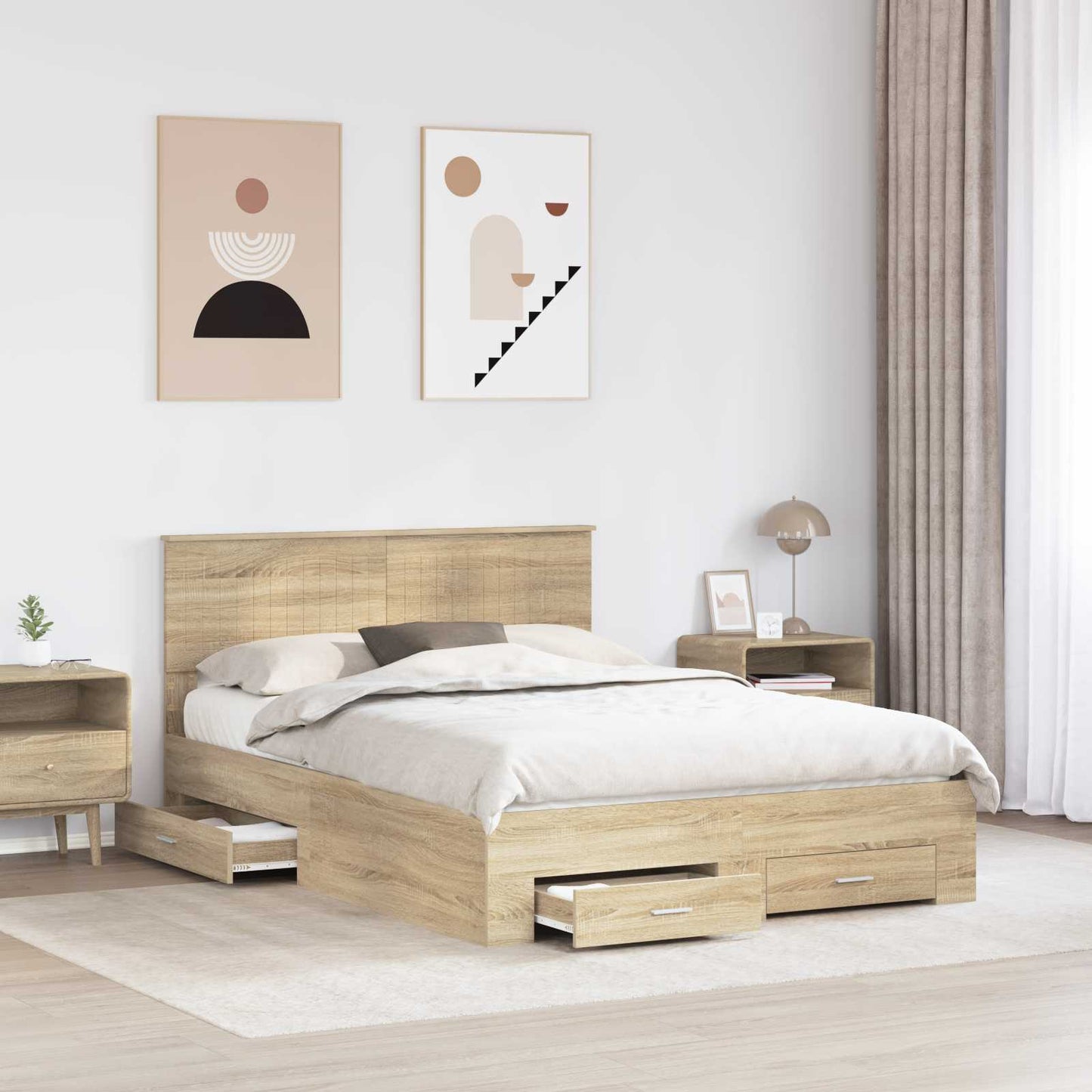Bedframe met hoofdeinde Sonoma Eiken 135 x 190 cm Bewerkt hout is nu te koop bij PeponiXL, paradijselijk wonen!