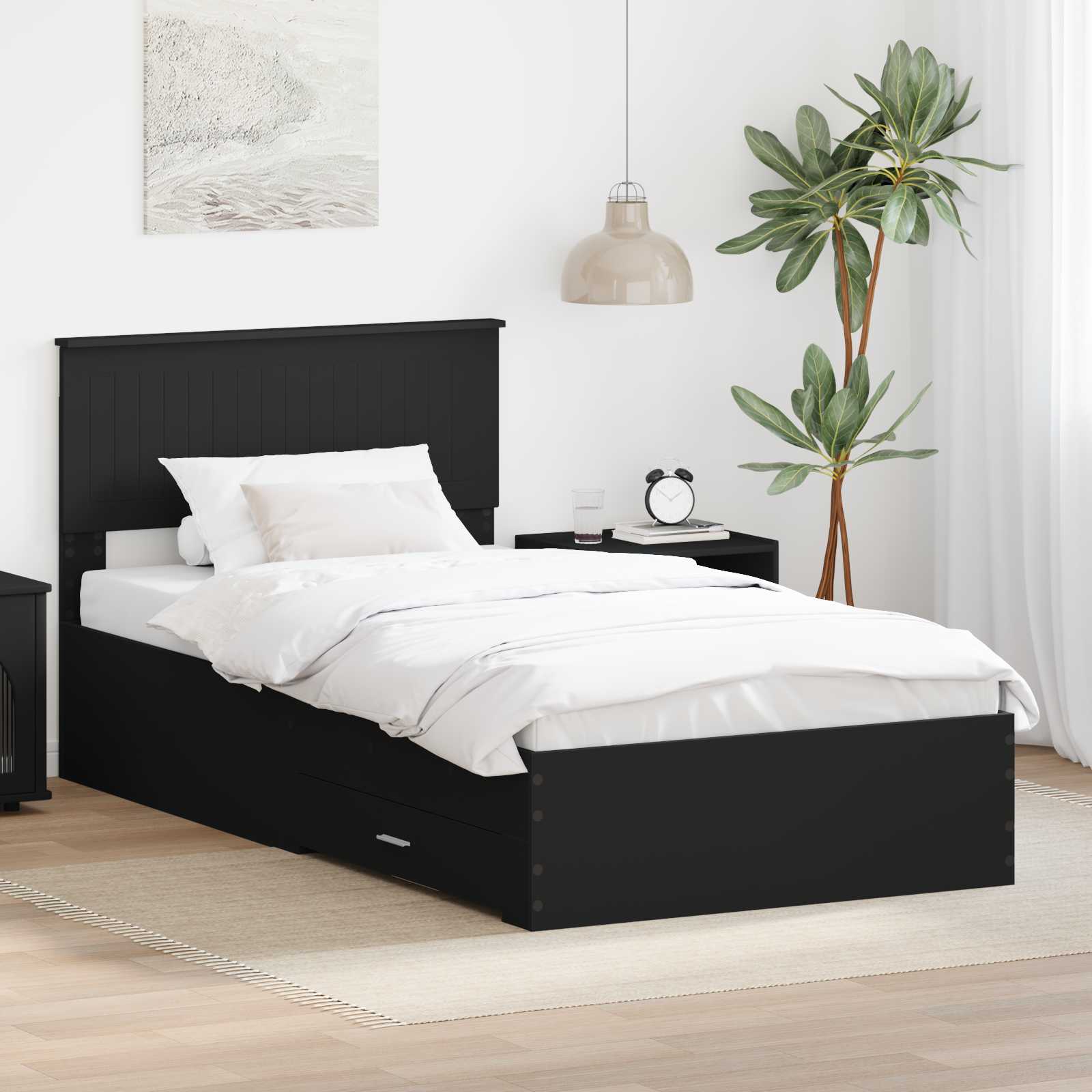 Bedframe met lade Zwart en Zilver 100 x 200 cm Bewerkt hout is nu te koop bij PeponiXL, paradijselijk wonen!