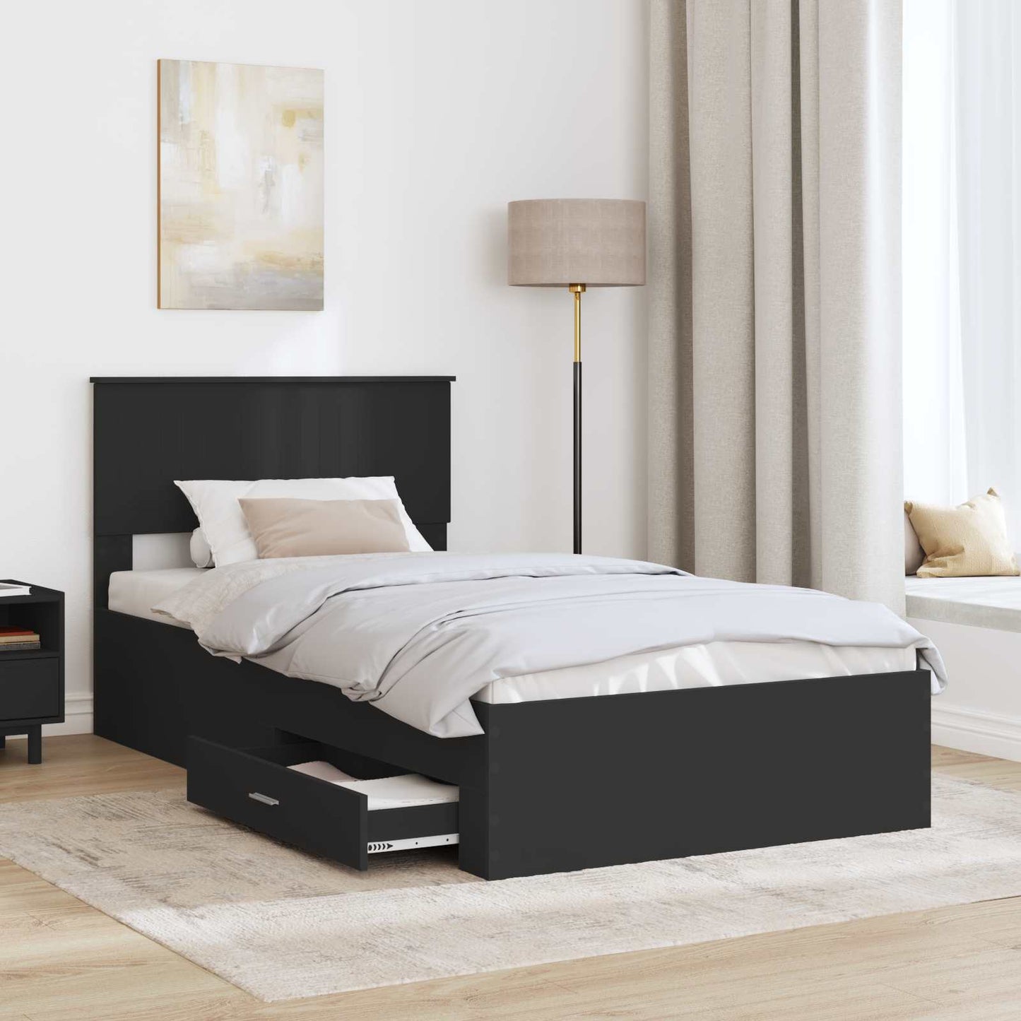 Bedframe met lade Zwart en Zilver 100 x 200 cm Bewerkt hout is nu te koop bij PeponiXL, paradijselijk wonen!
