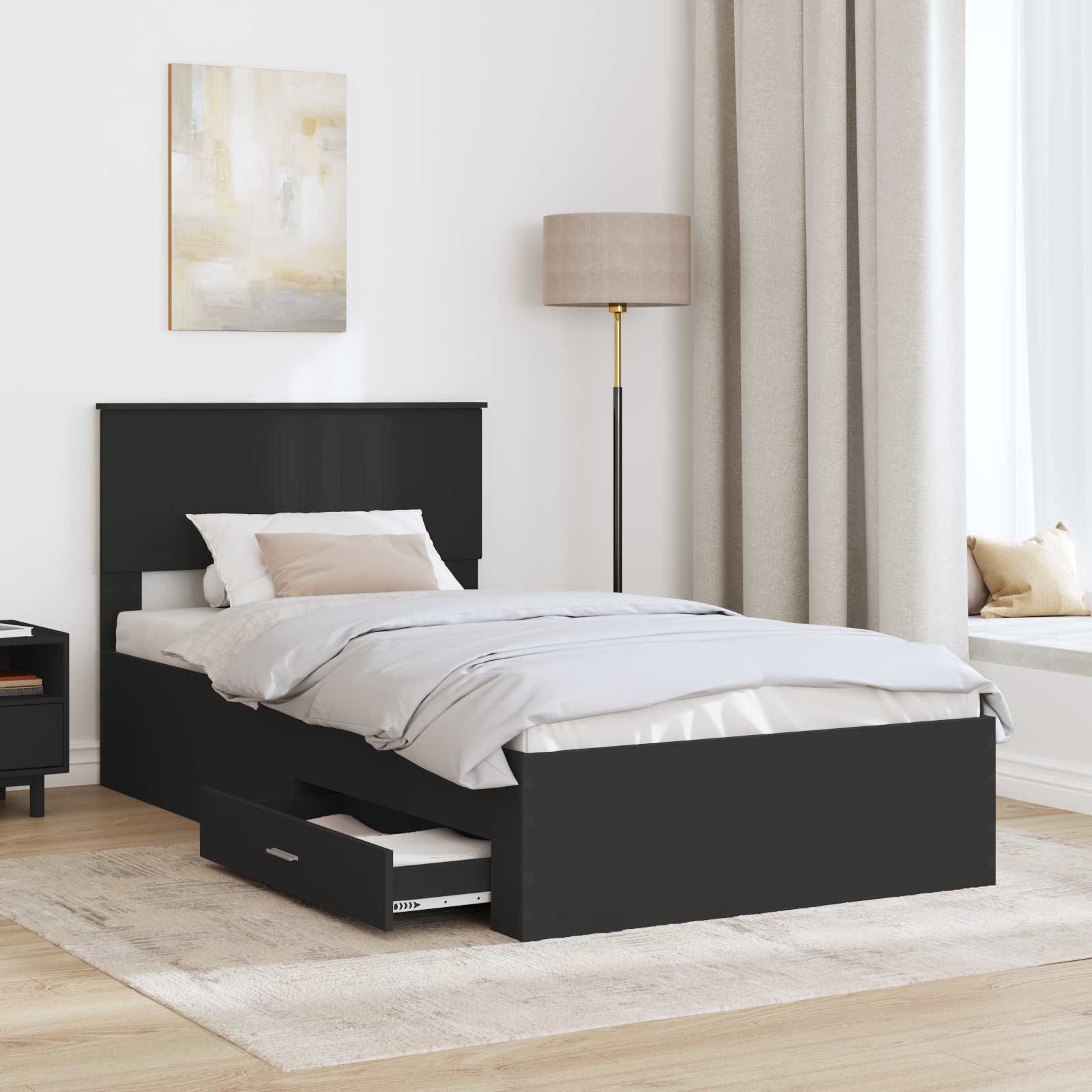 Bedframe met lade Zwart en Zilver 100 x 200 cm Bewerkt hout is nu te koop bij PeponiXL, paradijselijk wonen!