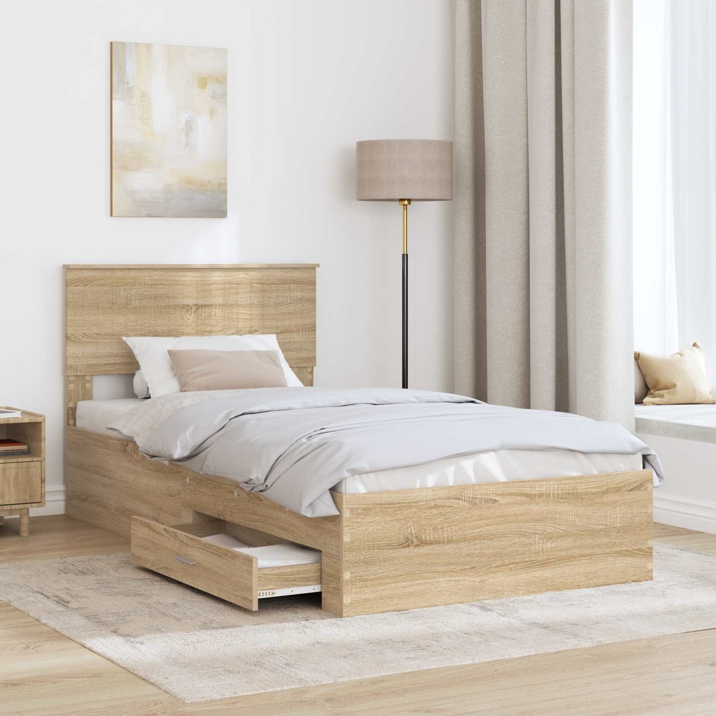Bedframe met hoofdeinde Sonoma Eiken 100 x 200 cm Bewerkt hout is nu te koop bij PeponiXL, paradijselijk wonen!
