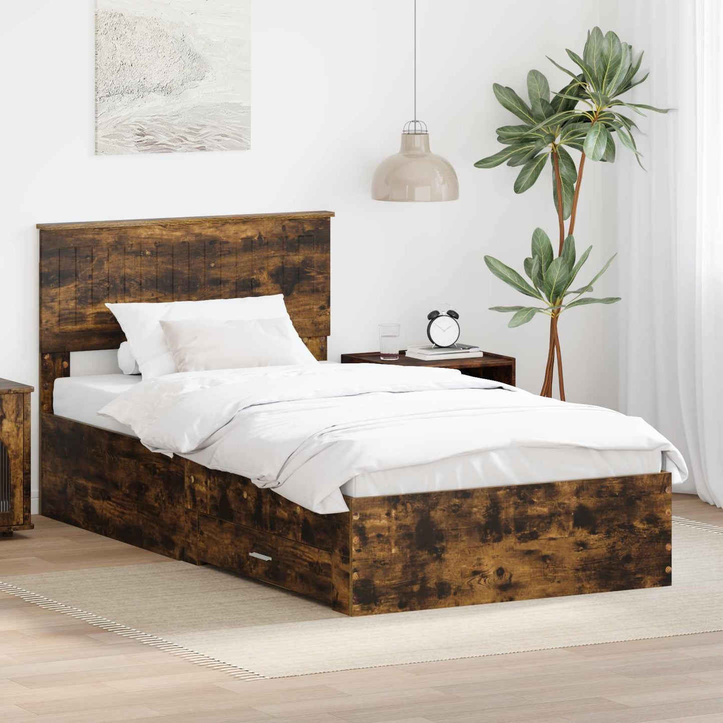 Bedframe met hoofdeinde Gerookt eiken 100 x 200 cm Bewerkt hout is nu te koop bij PeponiXL, paradijselijk wonen!
