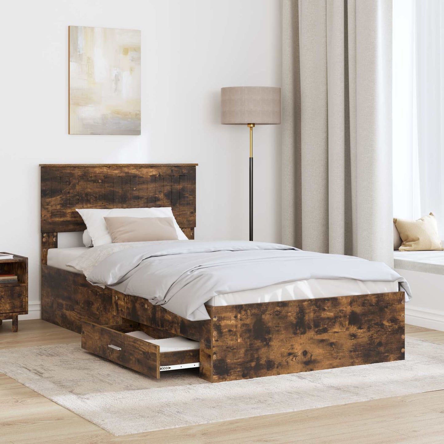 Bedframe met hoofdeinde Gerookt eiken 100 x 200 cm Bewerkt hout is nu te koop bij PeponiXL, paradijselijk wonen!