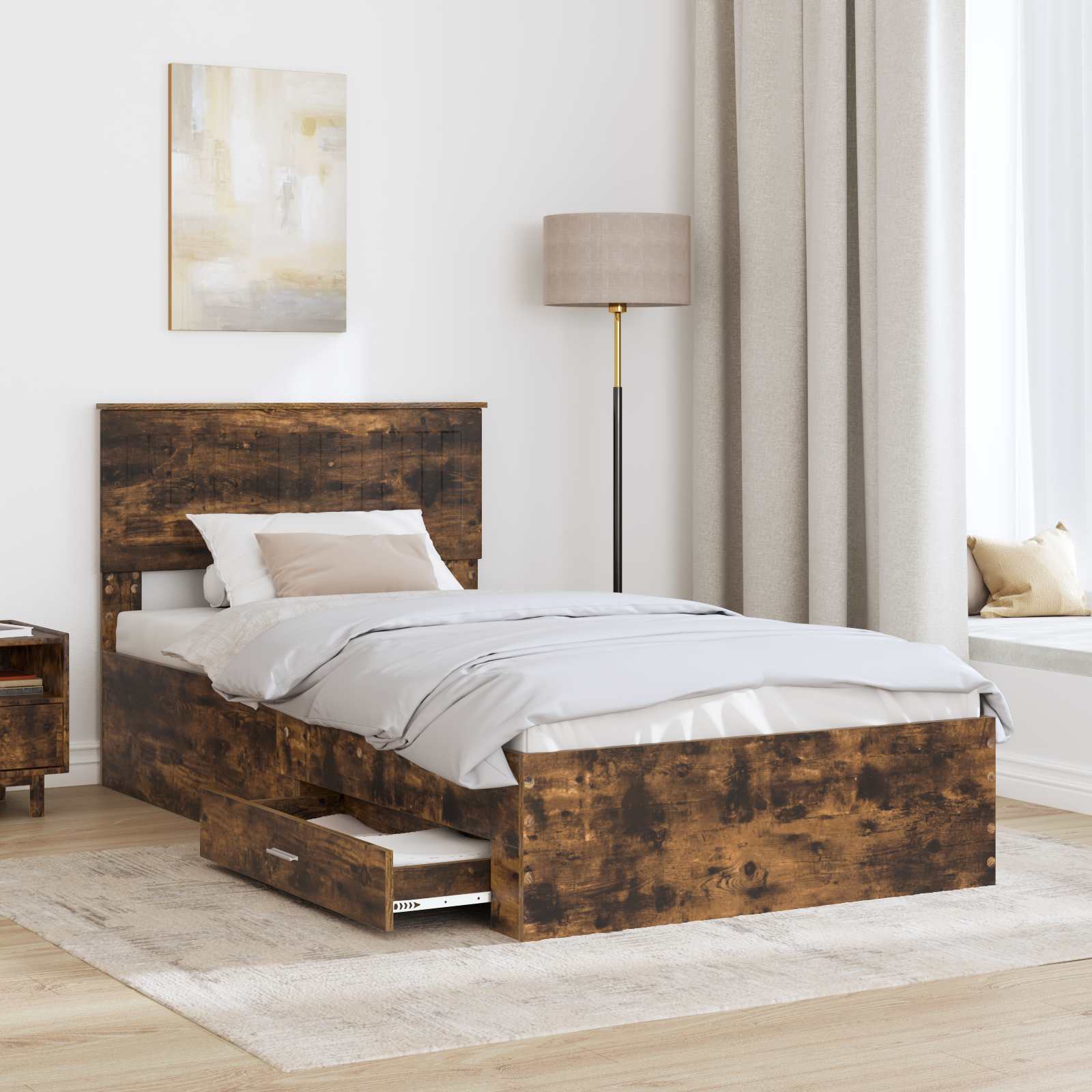 Bedframe met hoofdeinde Gerookt eiken 100 x 200 cm Bewerkt hout is nu te koop bij PeponiXL, paradijselijk wonen!