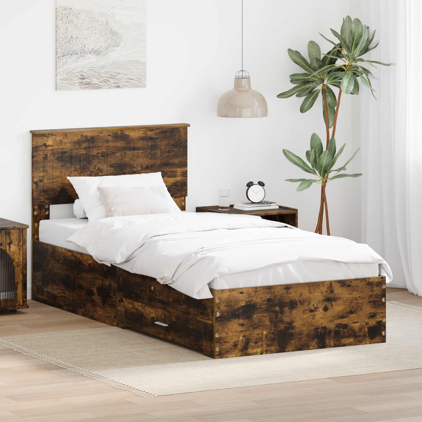 Bedframe met hoofdeinde Gerookt eiken 90 x 200 cm Bewerkt hout is nu te koop bij PeponiXL, paradijselijk wonen!