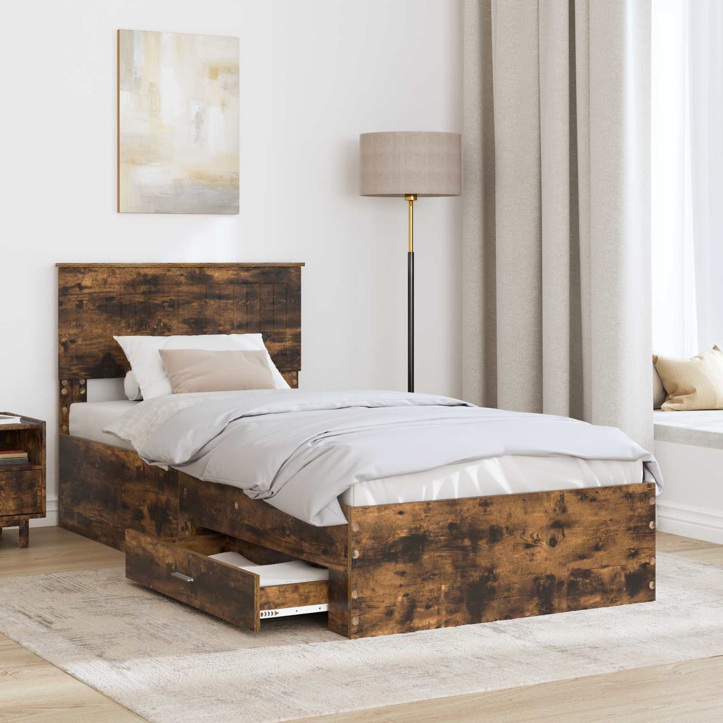 Bedframe met hoofdeinde Gerookt eiken 90 x 200 cm Bewerkt hout is nu te koop bij PeponiXL, paradijselijk wonen!