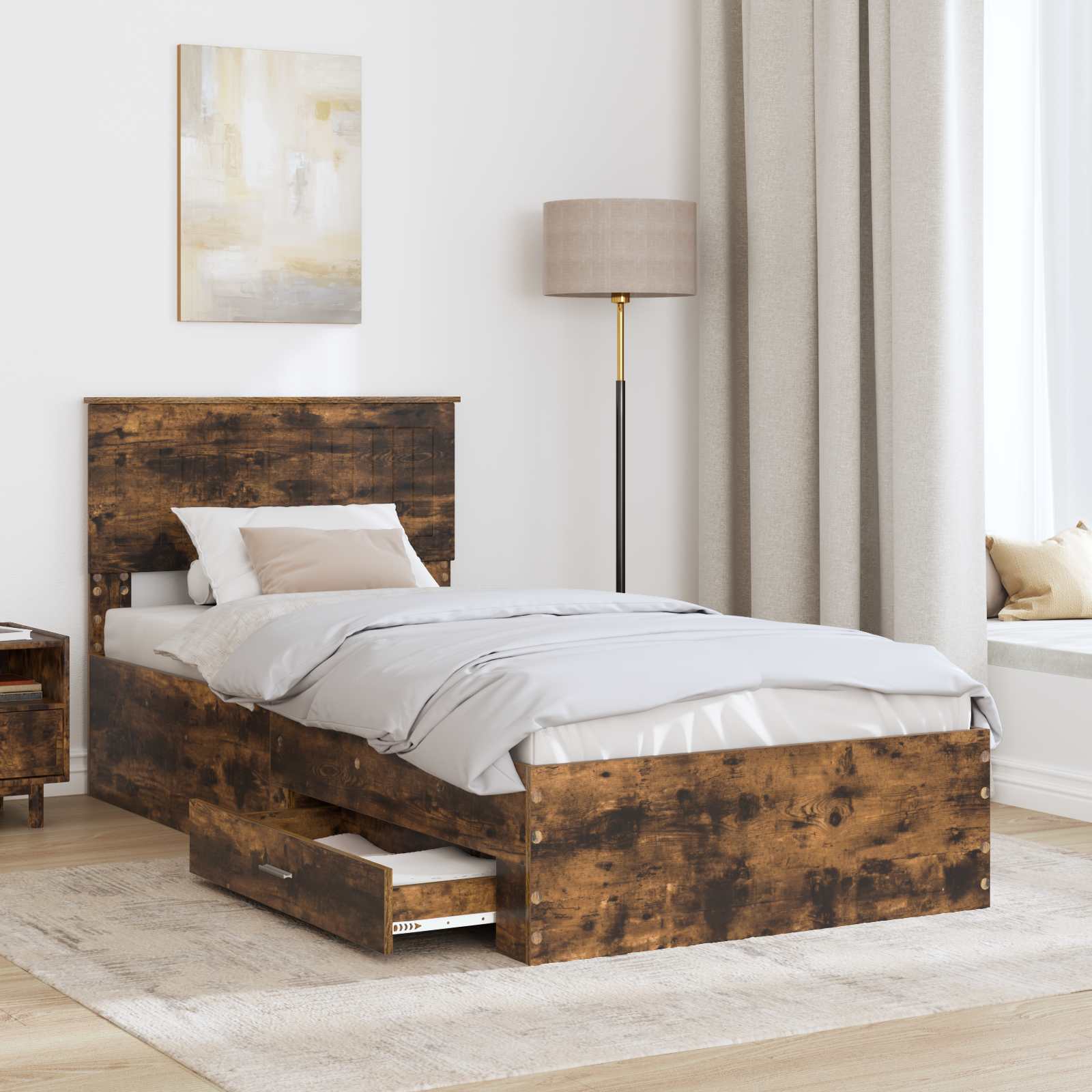 Bedframe met hoofdeinde Gerookt eiken 90 x 190 cm Bewerkt hout is nu te koop bij PeponiXL, paradijselijk wonen!