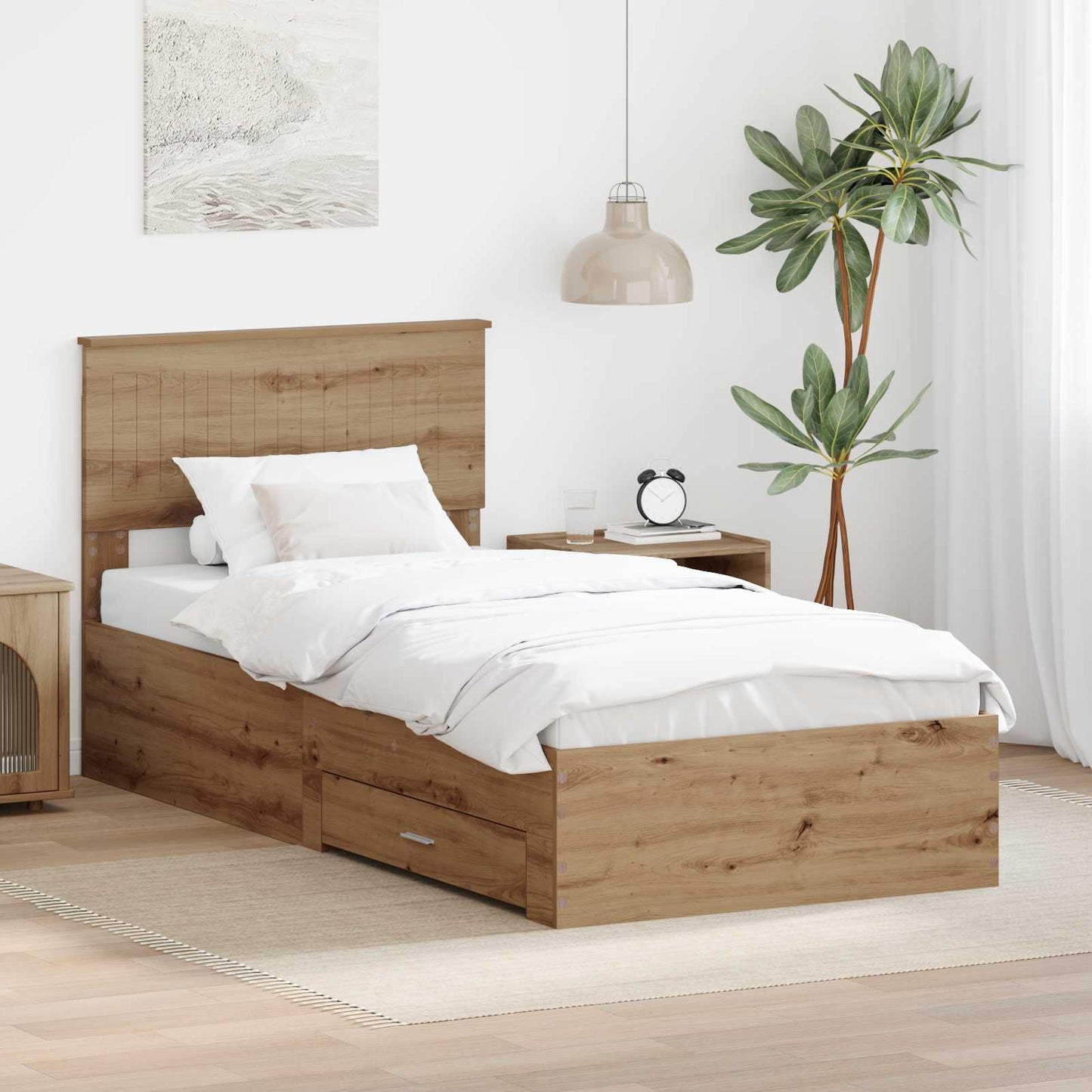 Bedframe met hoofdeinde Artisan Eiken 90 x 190 cm Bewerkt hout is nu te koop bij PeponiXL, paradijselijk wonen!