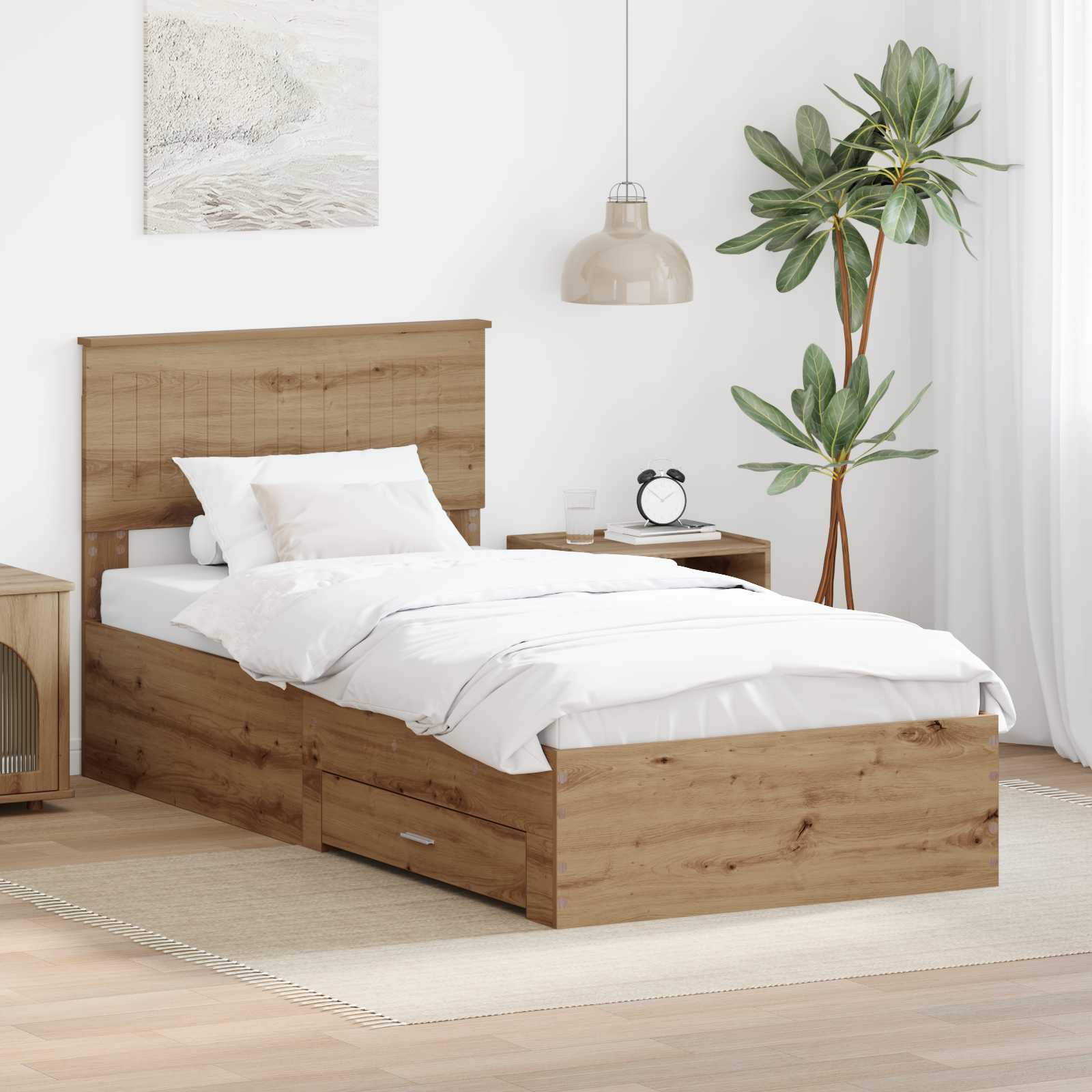Bedframe met hoofdeinde Artisan Eiken 90 x 190 cm Bewerkt hout is nu te koop bij PeponiXL, paradijselijk wonen!