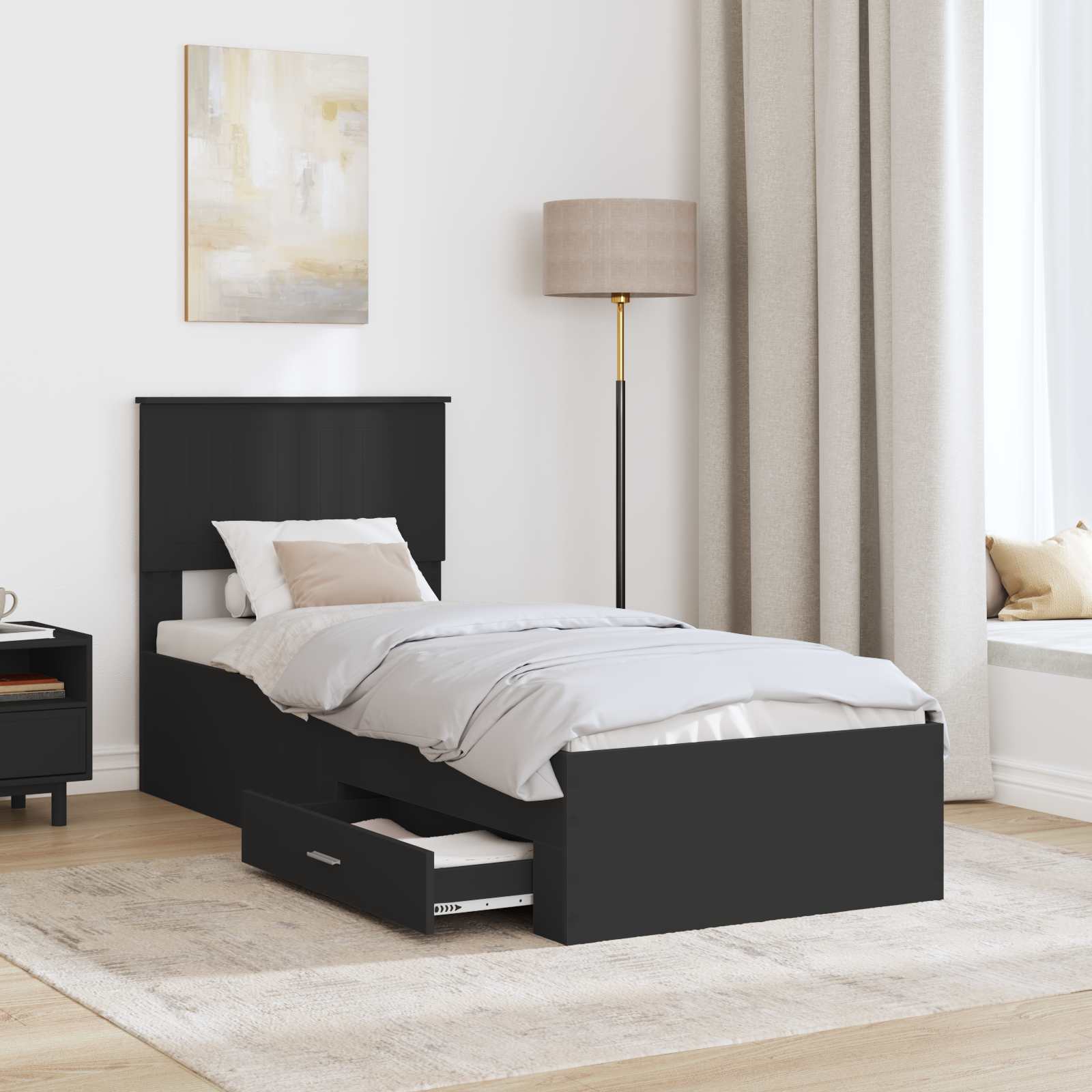 Bedframe met lade Zwart en Zilver 75 x 190 cm Bewerkt hout is nu te koop bij PeponiXL, paradijselijk wonen!