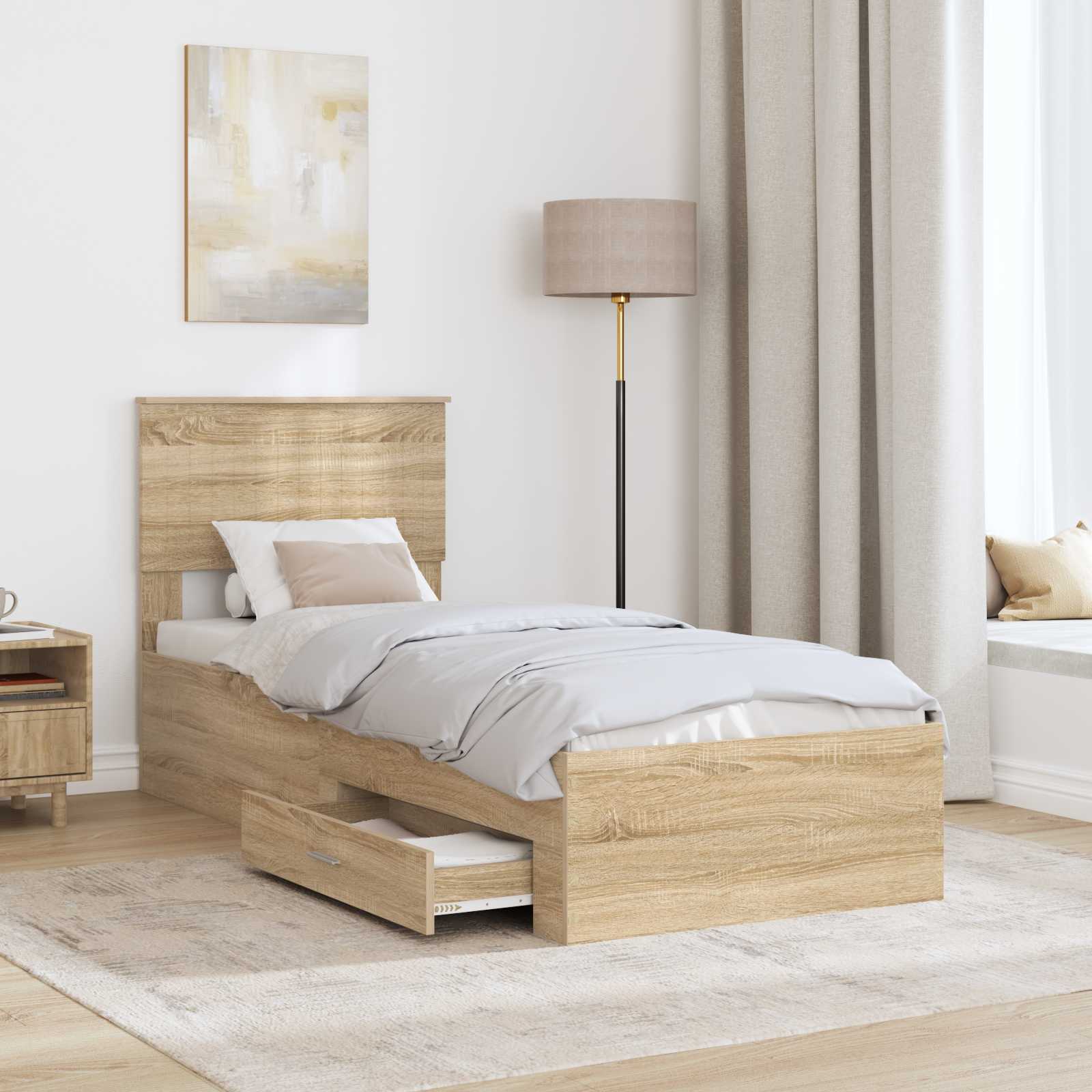 Bedframe Sonoma Eiken en Zilver 75 x 190 cm Bewerkt hout is nu te koop bij PeponiXL, paradijselijk wonen!