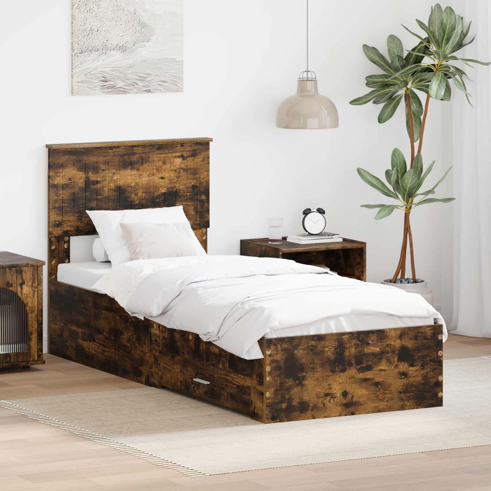 Bedframe Gerookt Eiken en Zilver 75 x 190 cm Bewerkt hout is nu te koop bij PeponiXL, paradijselijk wonen!
