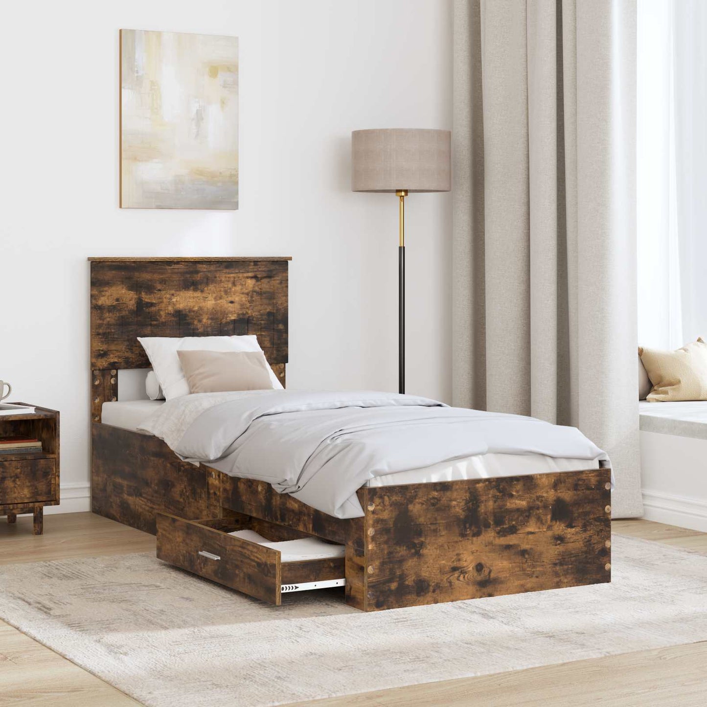 Bedframe Gerookt Eiken en Zilver 75 x 190 cm Bewerkt hout is nu te koop bij PeponiXL, paradijselijk wonen!