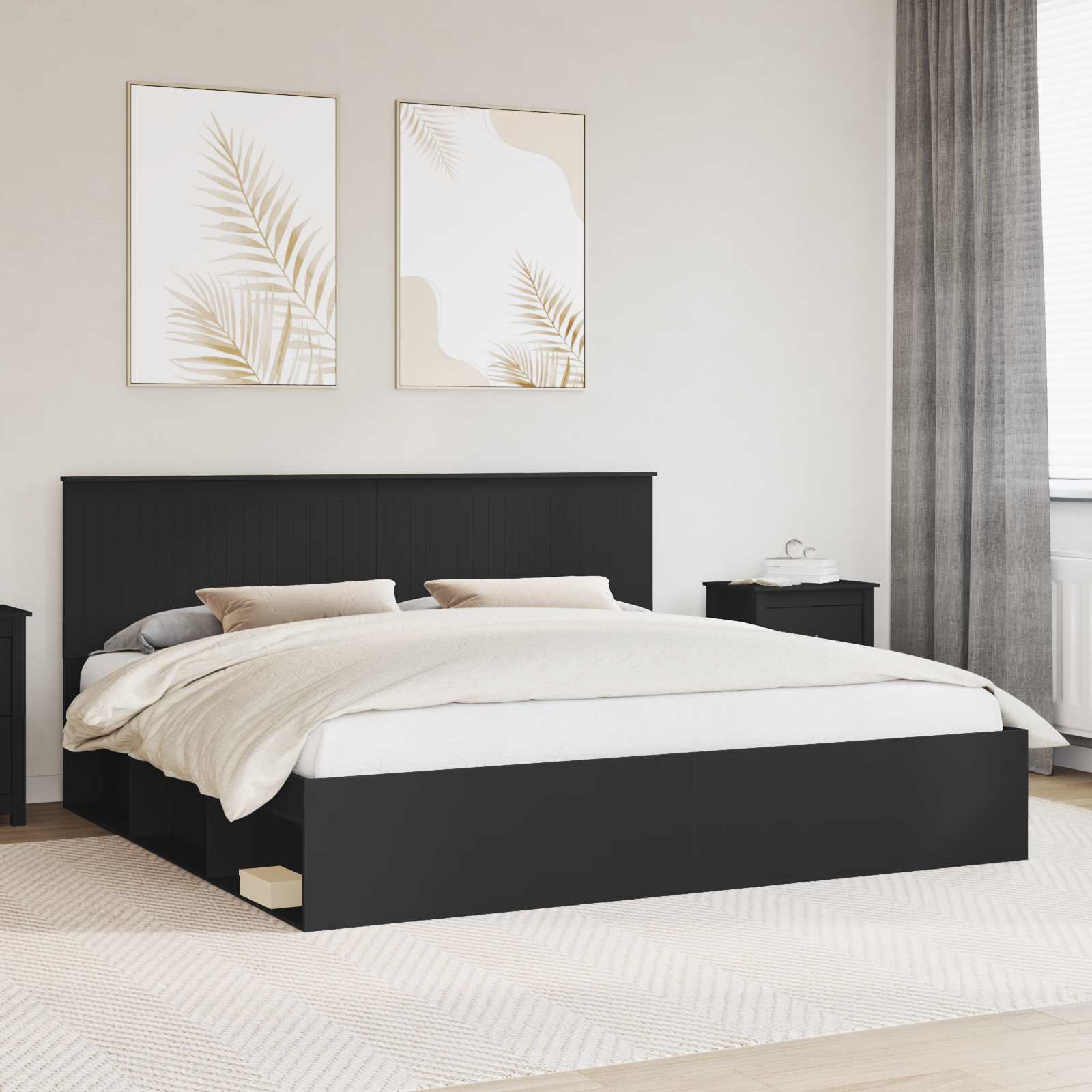 Bedframe met hoofdeinde Zwart 200 x 200 cm Massief grenenhout is nu te koop bij PeponiXL, paradijselijk wonen!