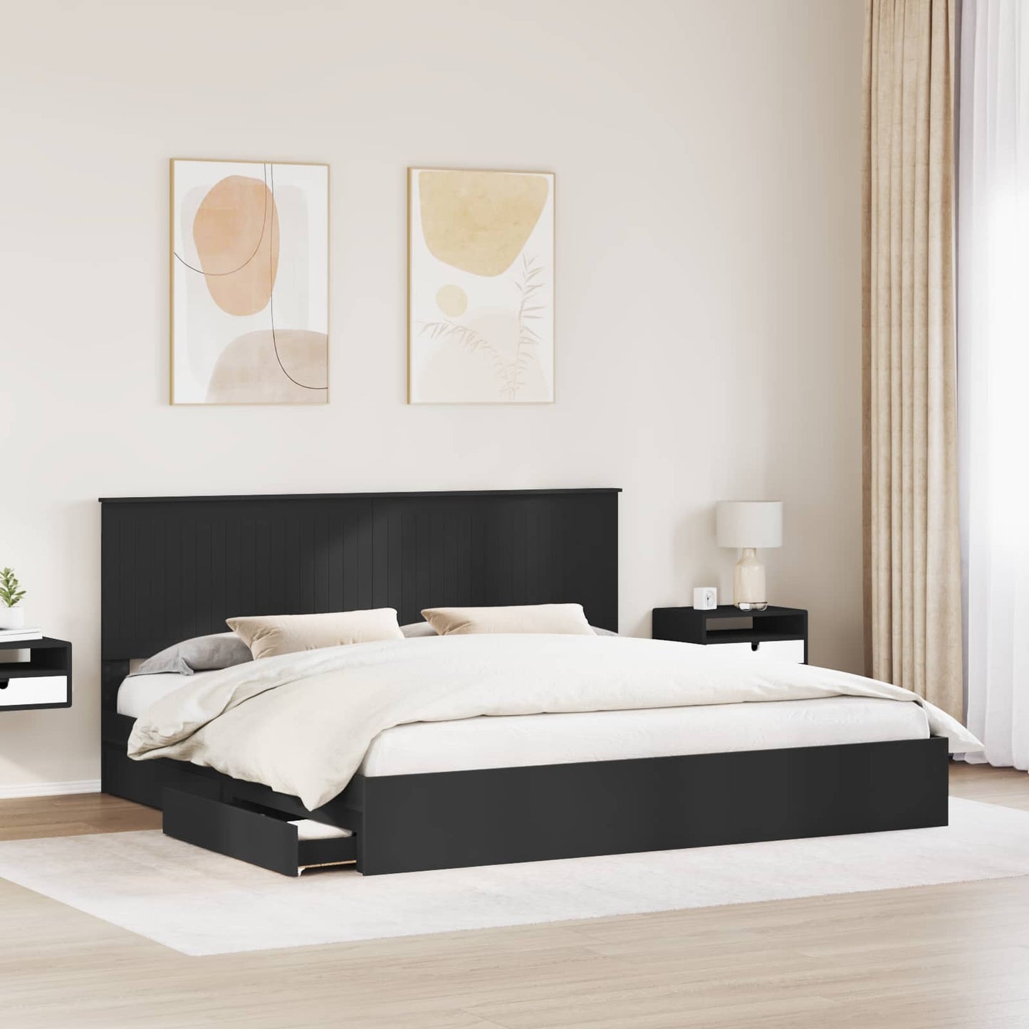 Opslag bed met hoofdeinde Zwart 200 x 200 cm Bewerkt hout is nu te koop bij PeponiXL, paradijselijk wonen!