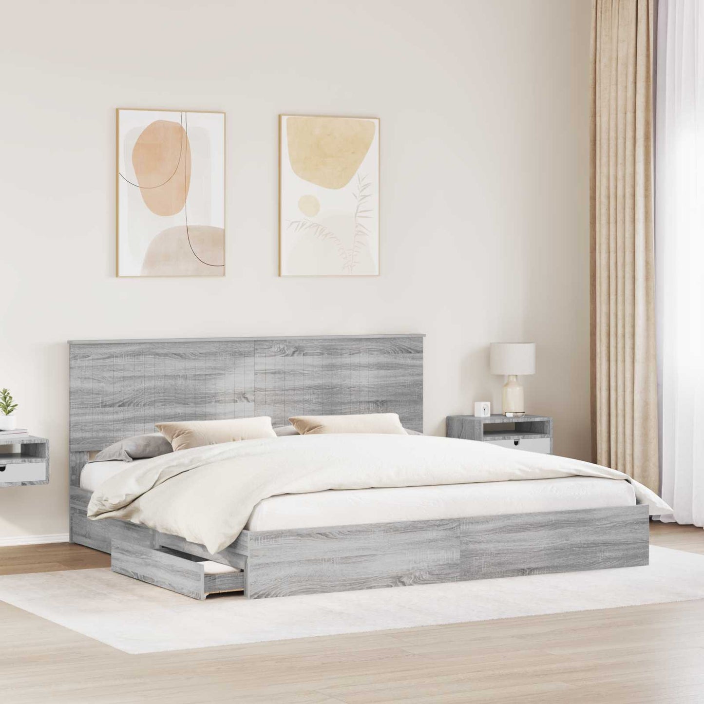 Opslag bed met lade Grijs Sonoma 200 x 200 cm Bewerkt hout is nu te koop bij PeponiXL, paradijselijk wonen!