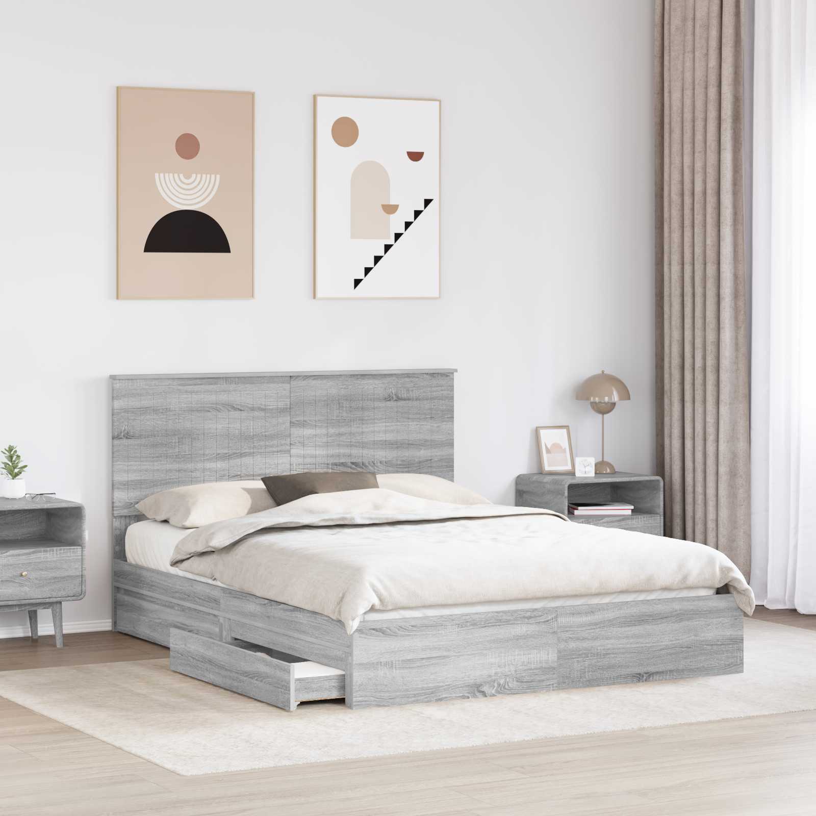 Opslag bed met lade Grijs Sonoma 150 x 200 cm Bewerkt hout is nu te koop bij PeponiXL, paradijselijk wonen!
