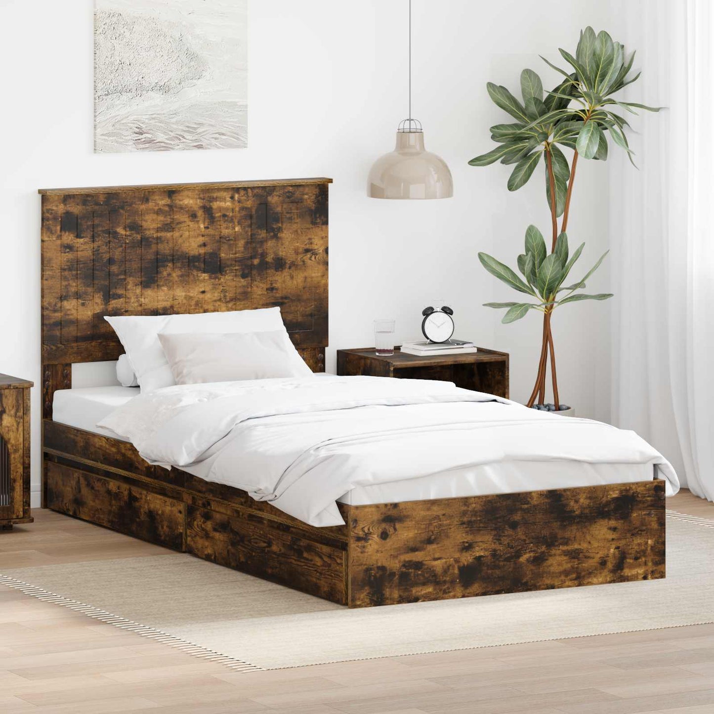 Opslag bed met lade Gerookt eiken 100 x 200 cm Bewerkt hout is nu te koop bij PeponiXL, paradijselijk wonen!