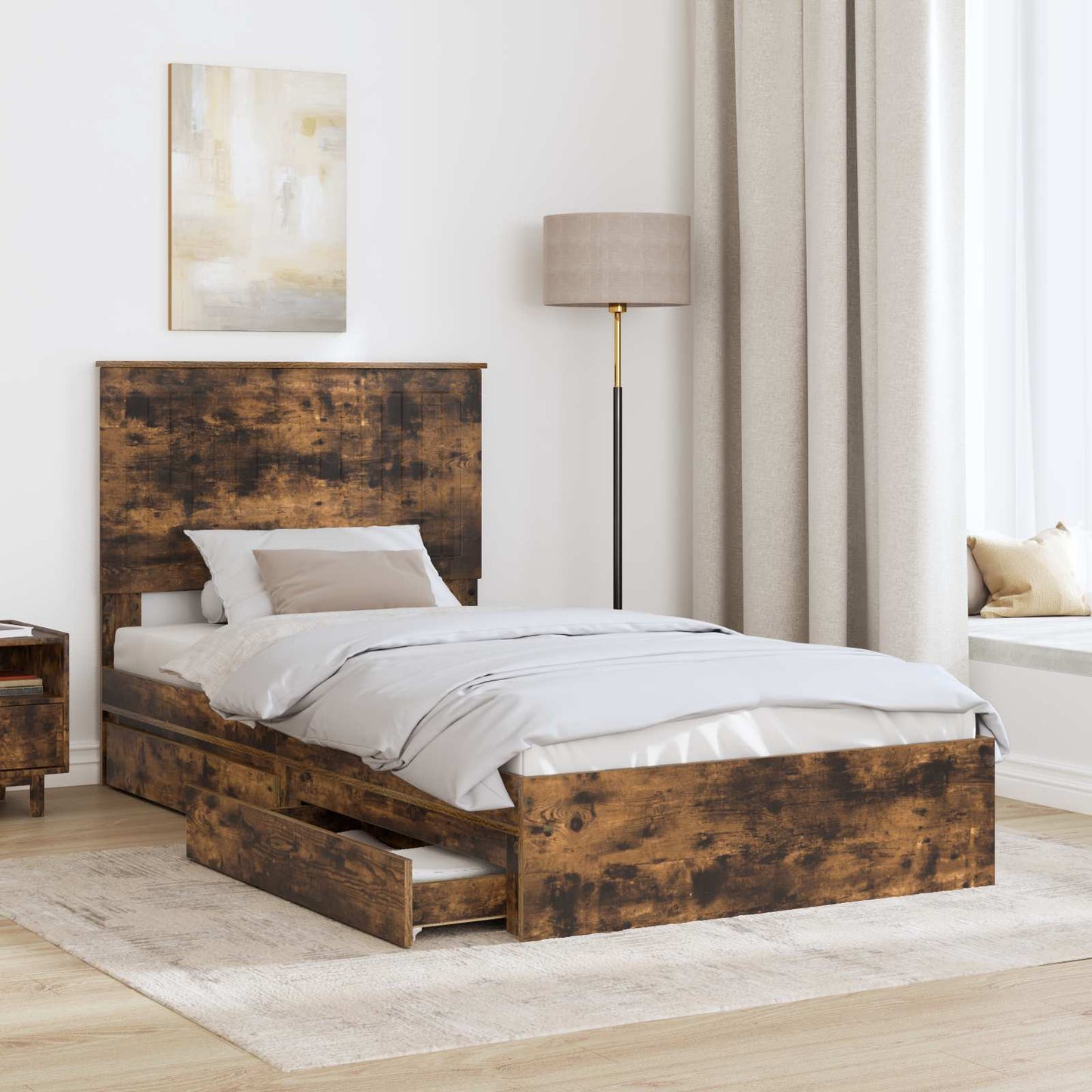 Opslag bed met lade Gerookt eiken 100 x 200 cm Bewerkt hout is nu te koop bij PeponiXL, paradijselijk wonen!