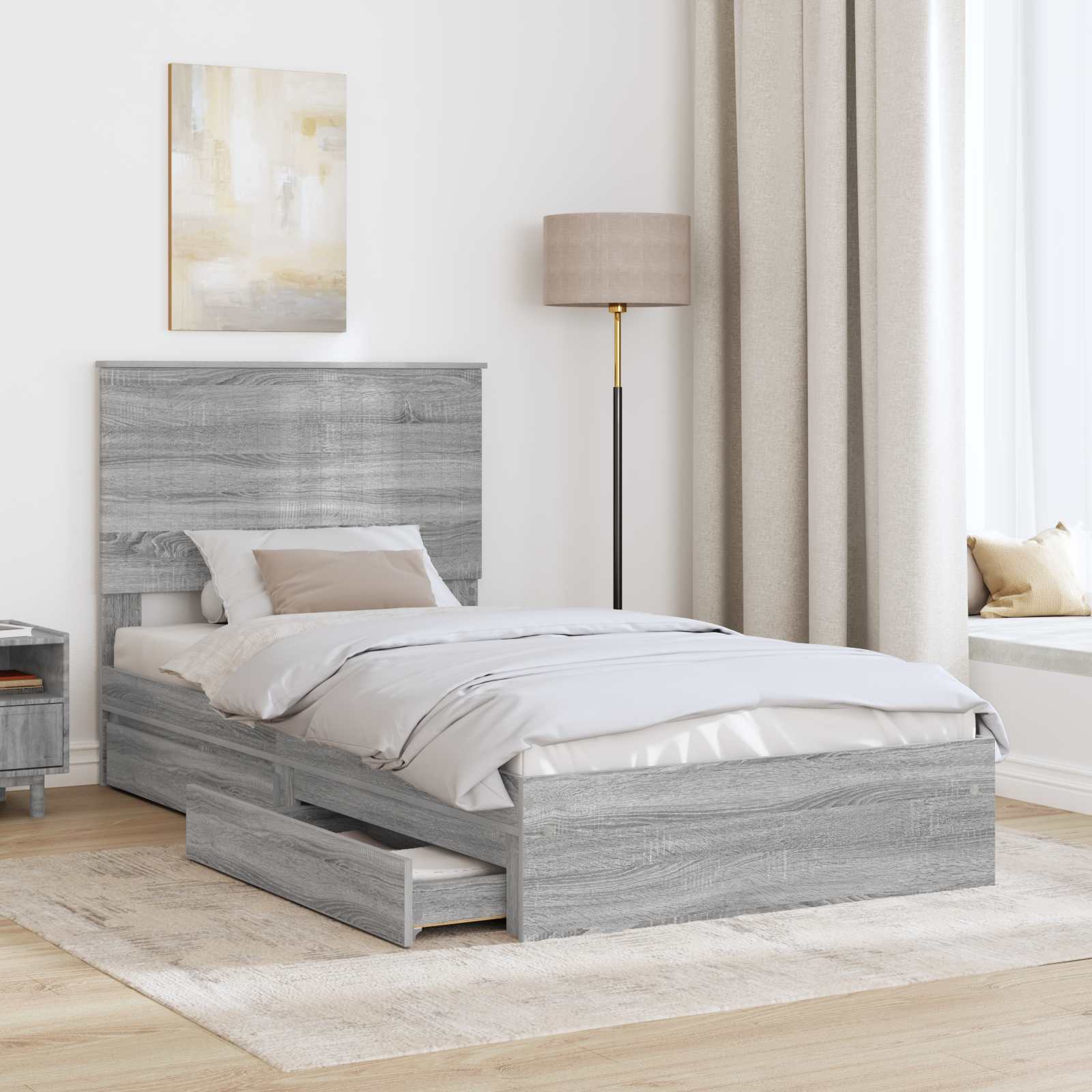 Opslag bed met lade Grijs Sonoma 100 x 200 cm Bewerkt hout is nu te koop bij PeponiXL, paradijselijk wonen!