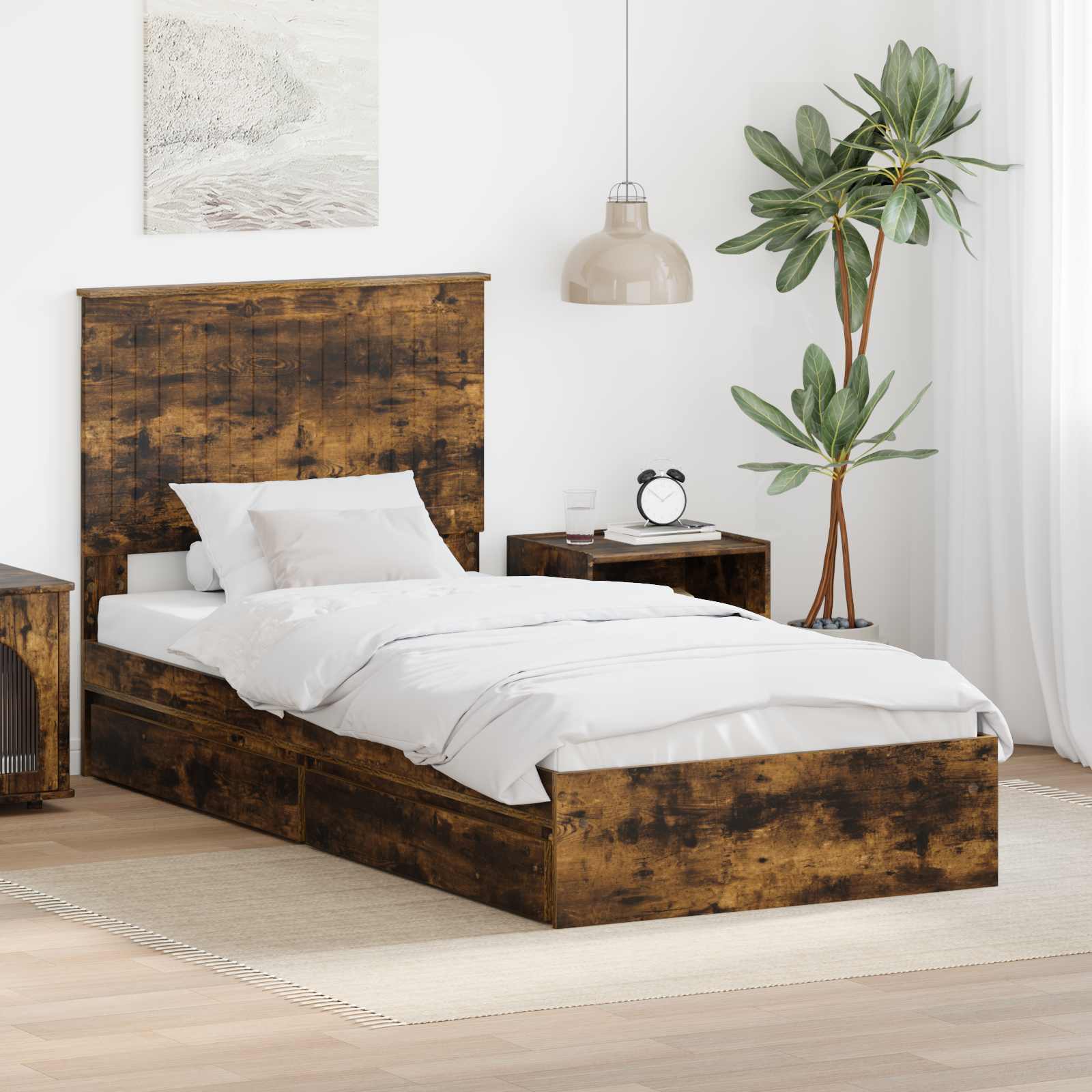 Opslag bed met lade Gerookt eiken 90 x 200 cm Bewerkt hout is nu te koop bij PeponiXL, paradijselijk wonen!