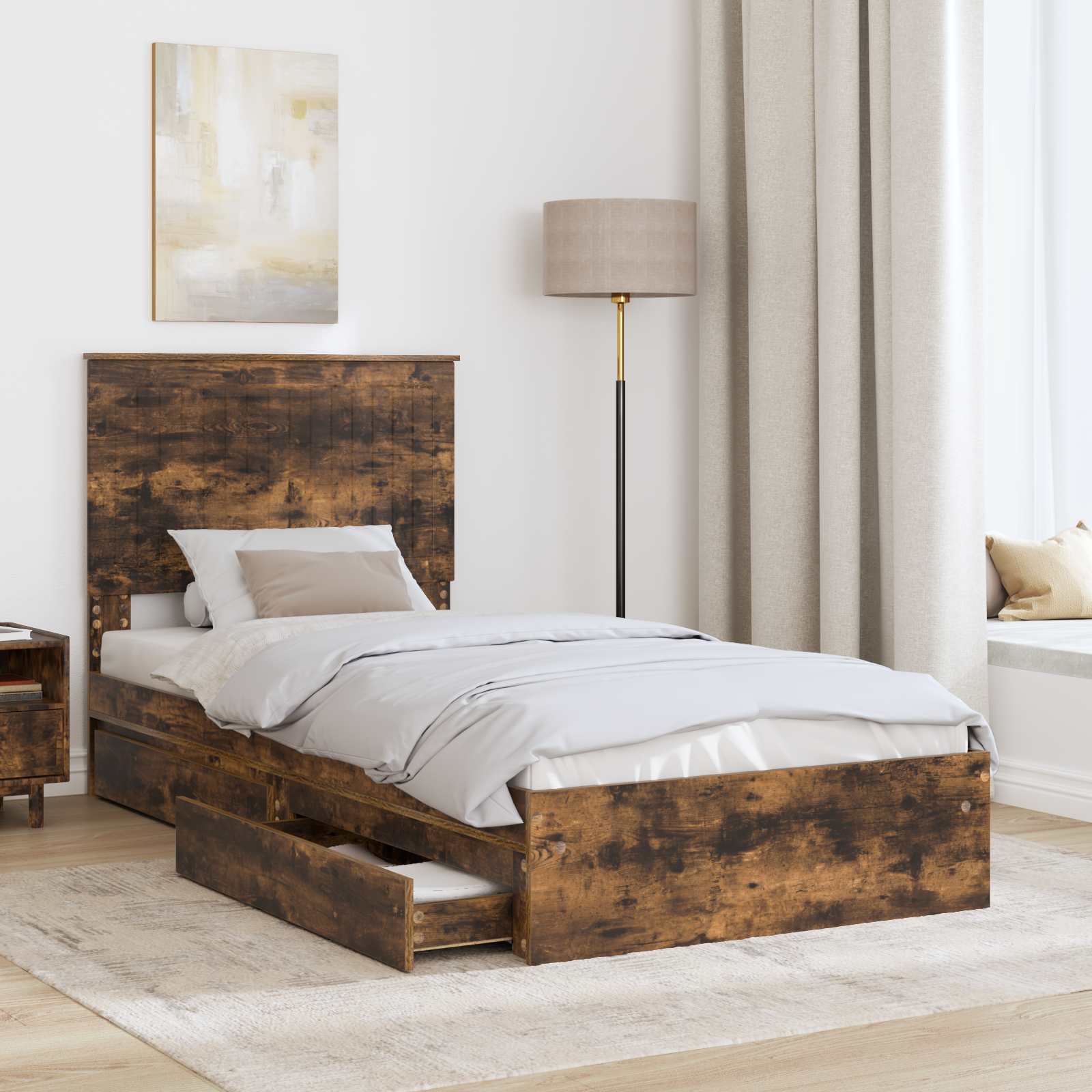Opslag bed met lade Gerookt eiken 90 x 190 cm Bewerkt hout is nu te koop bij PeponiXL, paradijselijk wonen!