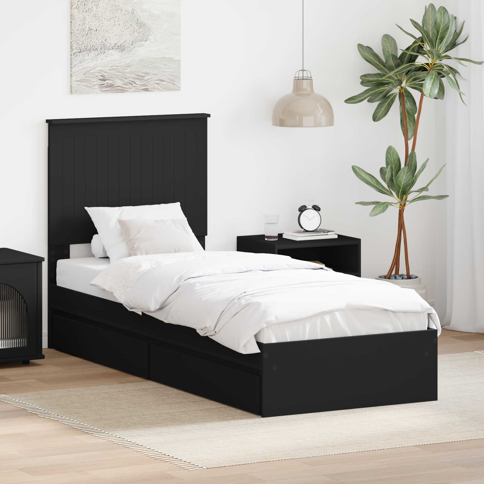 Opslag bed met hoofdeinde Zwart 75 x 190 cm Bewerkt hout is nu te koop bij PeponiXL, paradijselijk wonen!