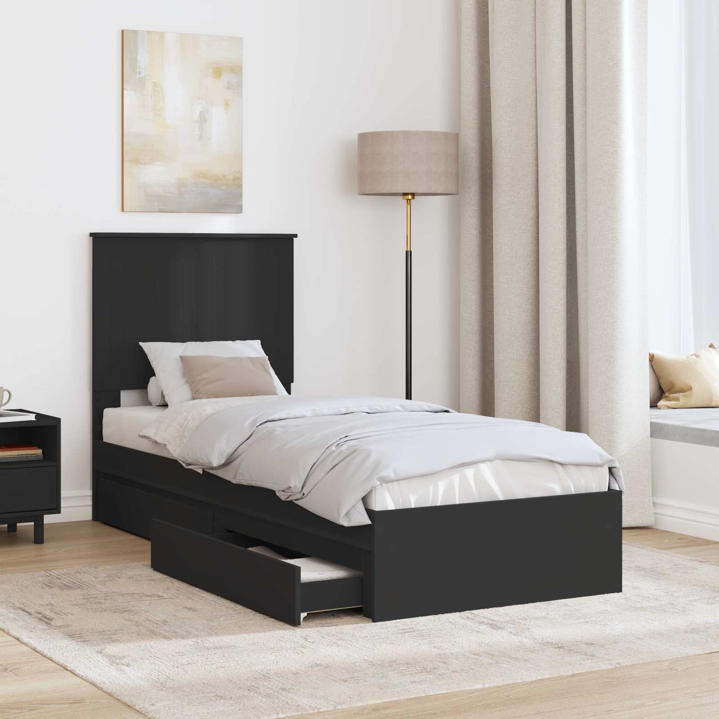 Opslag bed met hoofdeinde Zwart 75 x 190 cm Bewerkt hout is nu te koop bij PeponiXL, paradijselijk wonen!