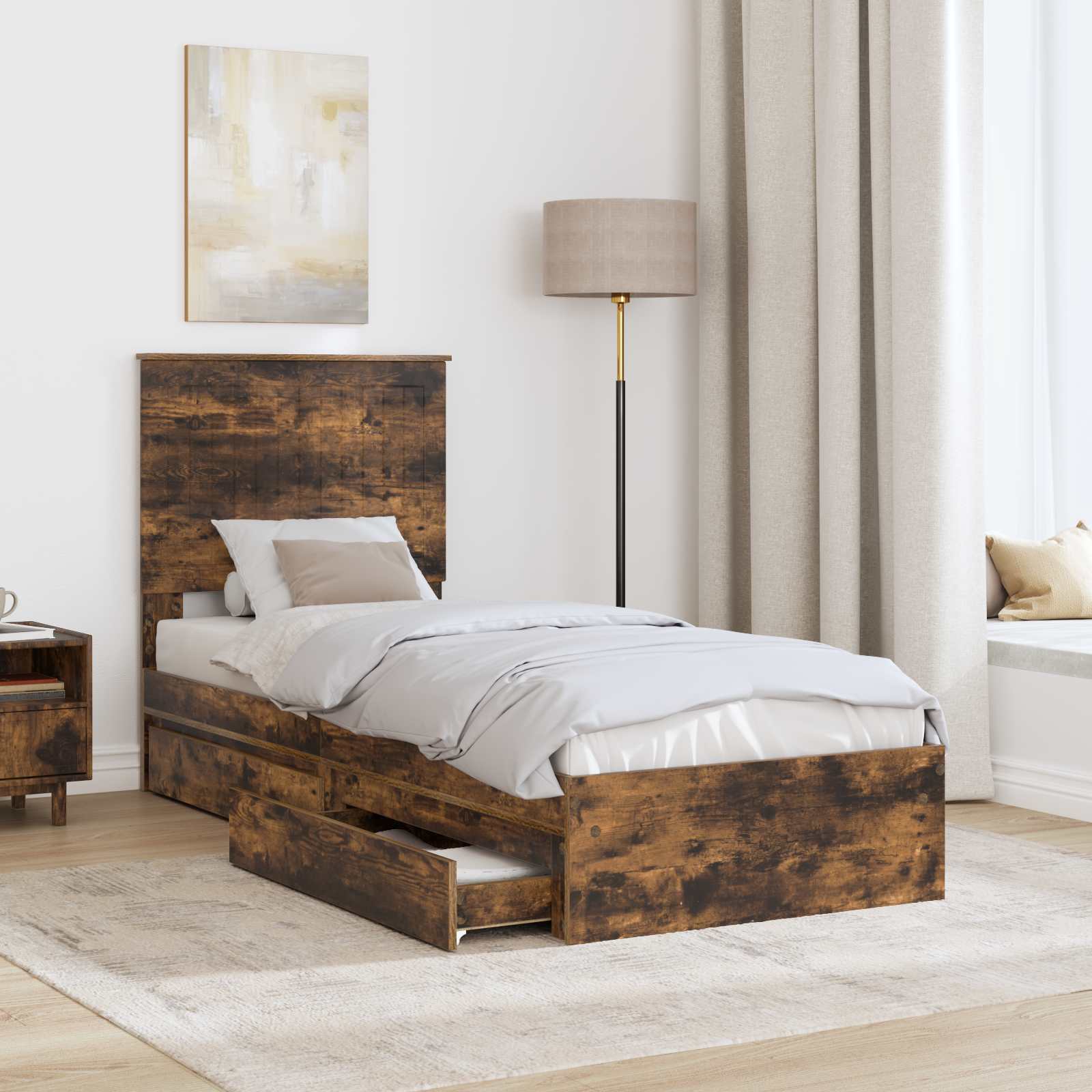 Opslag bed met lade Gerookt eiken 75 x 190 cm Bewerkt hout is nu te koop bij PeponiXL, paradijselijk wonen!
