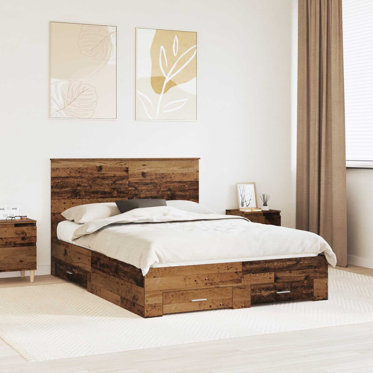 Bedframe met lade met opslag Oudhout 135 x 190 cm Bewerkt hout is nu te koop bij PeponiXL, paradijselijk wonen!