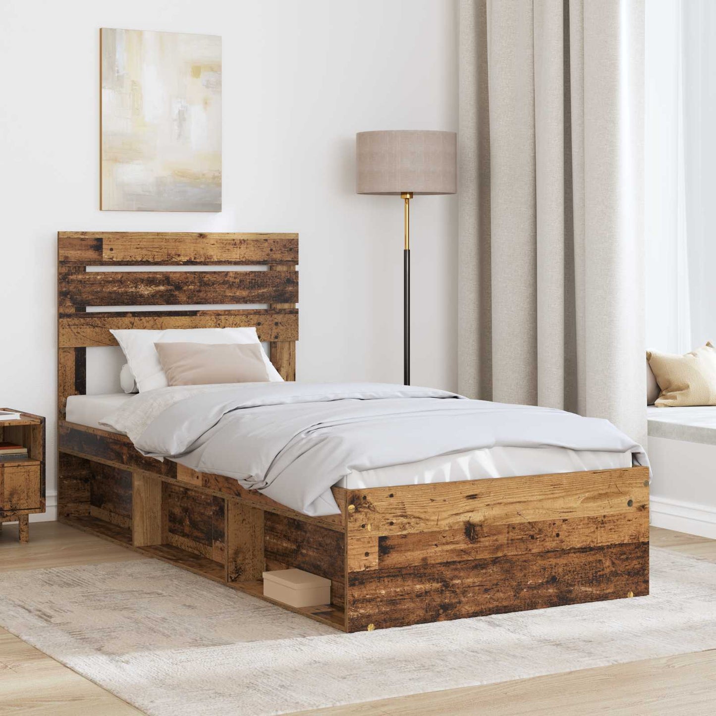 Bedframe met hoofdeinde Oudhout 90 x 190 cm Massief grenenhout is nu te koop bij PeponiXL, paradijselijk wonen!