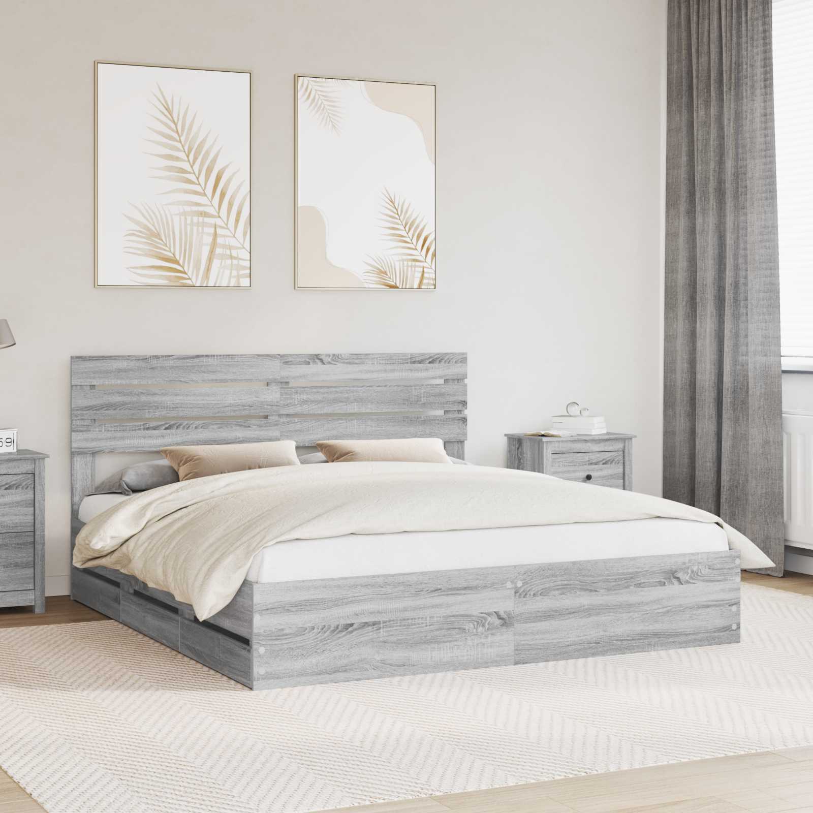 Bedframe met lade Grijs Sonoma 200 x 200 cm Ingenieurshout is nu te koop bij PeponiXL, paradijselijk wonen!