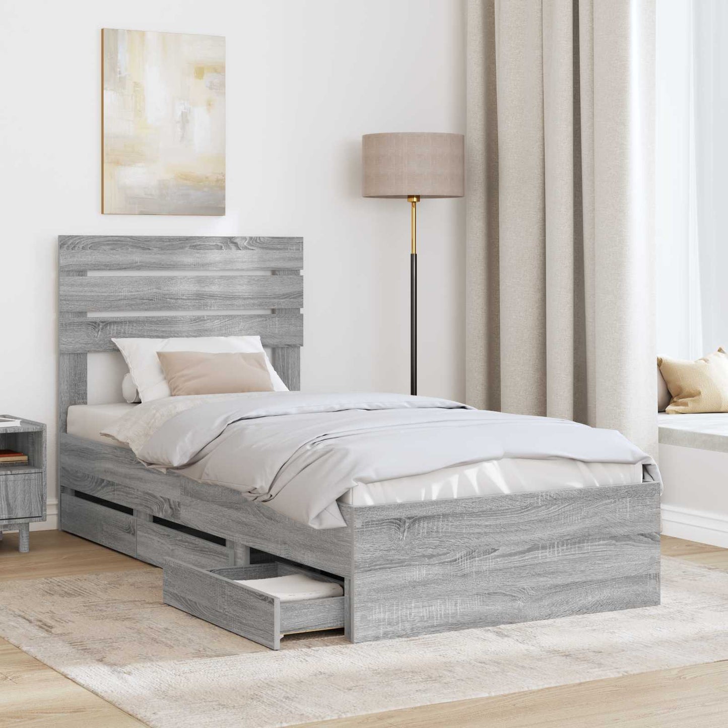Bedframe met lade Grijs Sonoma 100 x 200 cm Ingenieurshout is nu te koop bij PeponiXL, paradijselijk wonen!