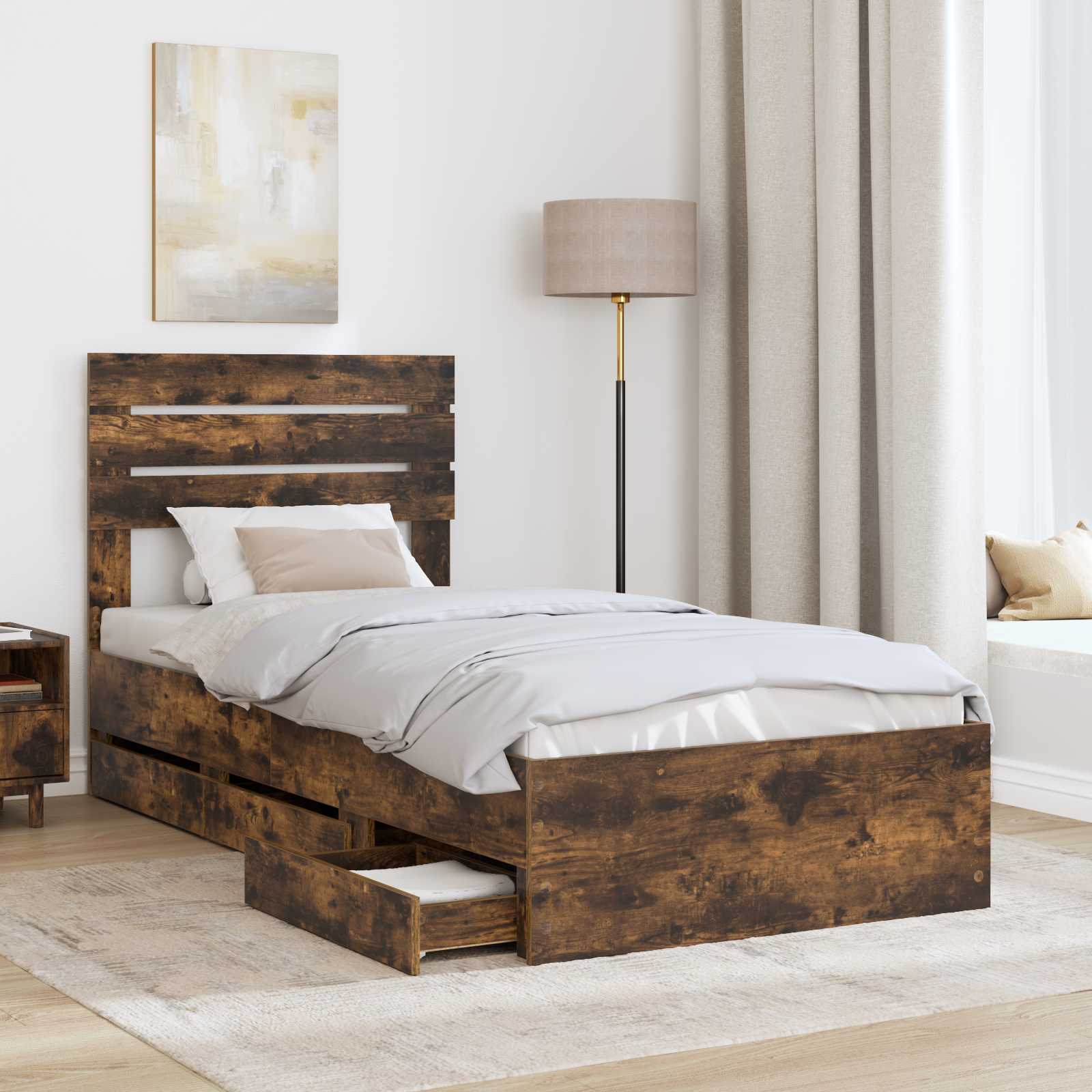 Bedframe met lade Gerookt eiken 90 x 200 cm Ingenieurshout is nu te koop bij PeponiXL, paradijselijk wonen!