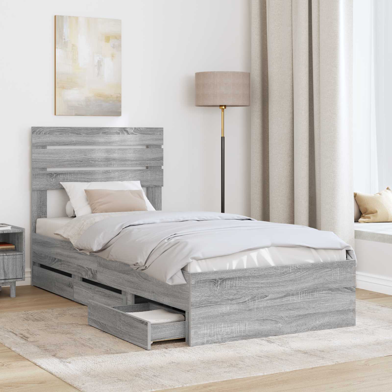 Bedframe met lade Grijs Sonoma 90 x 190 cm Ingenieurshout is nu te koop bij PeponiXL, paradijselijk wonen!