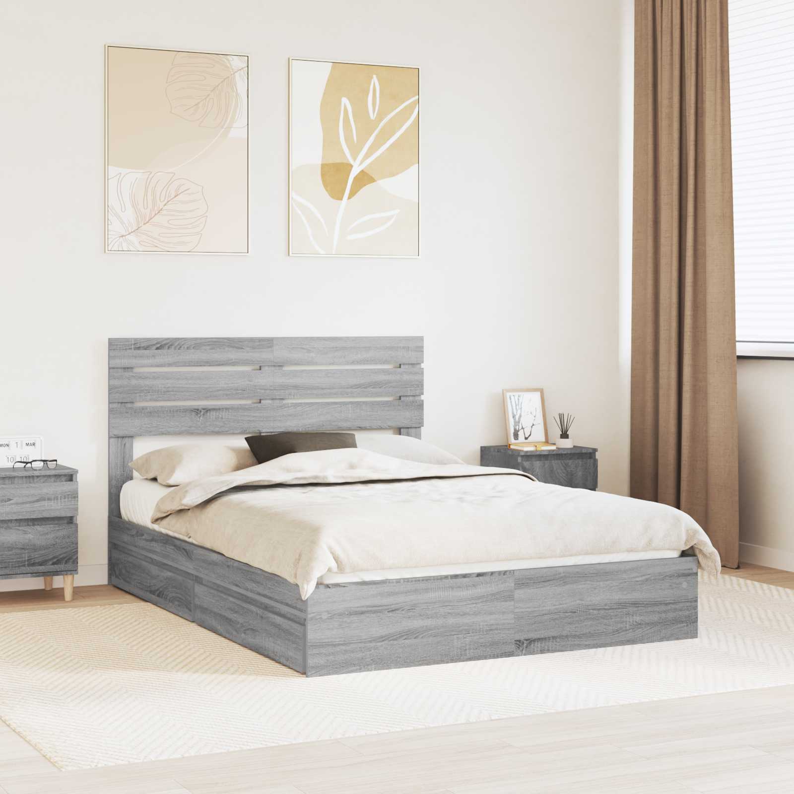 Opslag bed met lade Grijs Sonoma 150 x 200 cm Bewerkt hout is nu te koop bij PeponiXL, paradijselijk wonen!