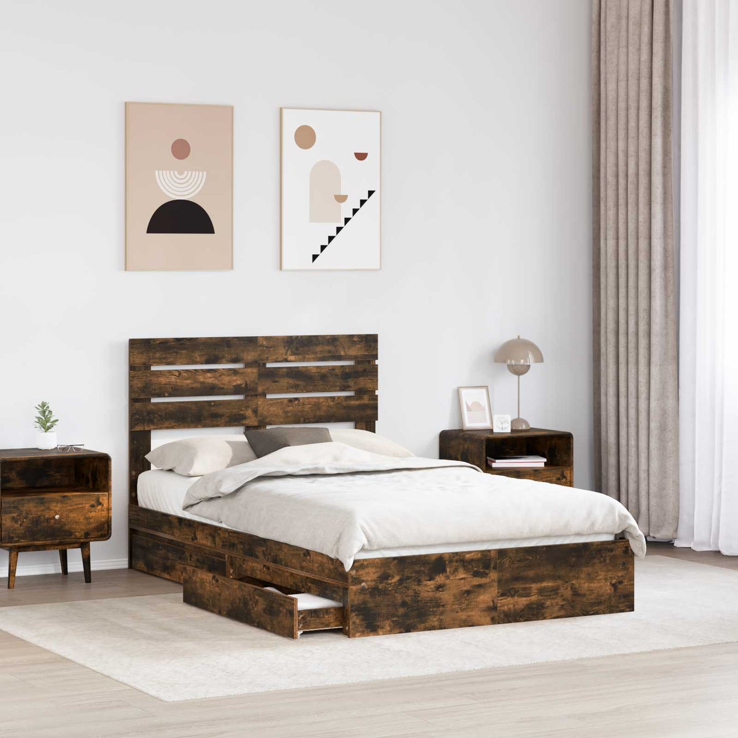 Opslag bed met lade Gerookt eiken 120 x 190 cm Bewerkt hout
