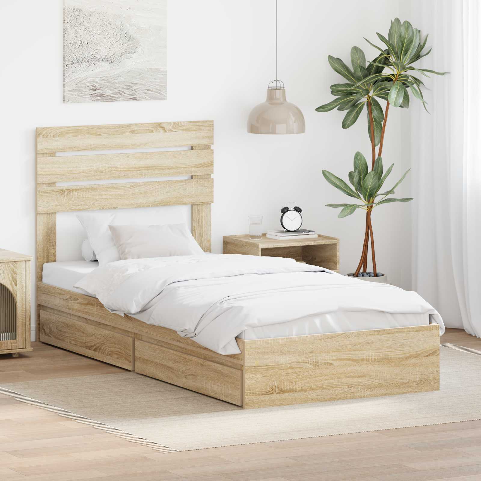 Opslag bed met hoofdeinde Sonoma Eiken 90 x 190 cm Bewerkt hout is nu te koop bij PeponiXL, paradijselijk wonen!