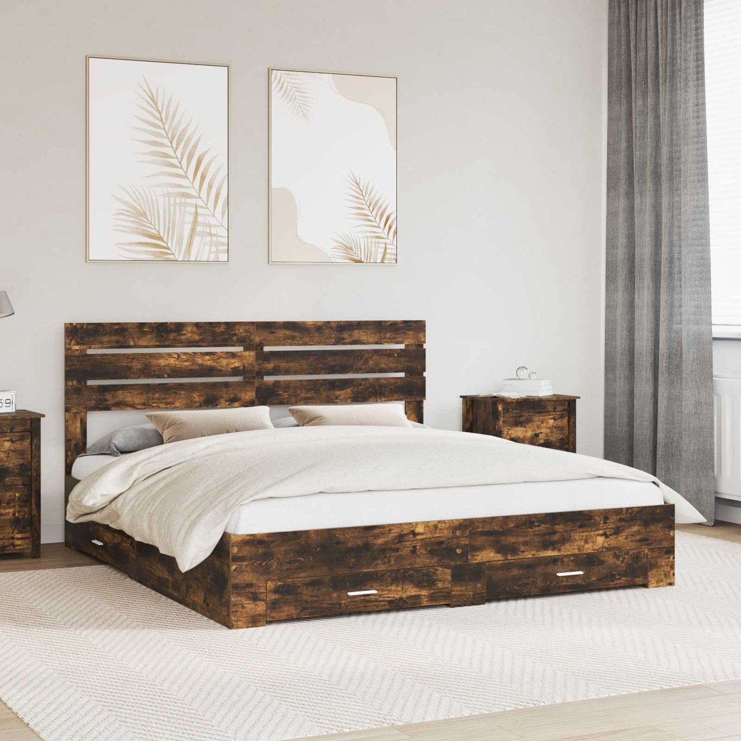 Bedframe met hoofdeinde Gerookt eiken 200 x 200 cm Bewerkt hout is nu te koop bij PeponiXL, paradijselijk wonen!