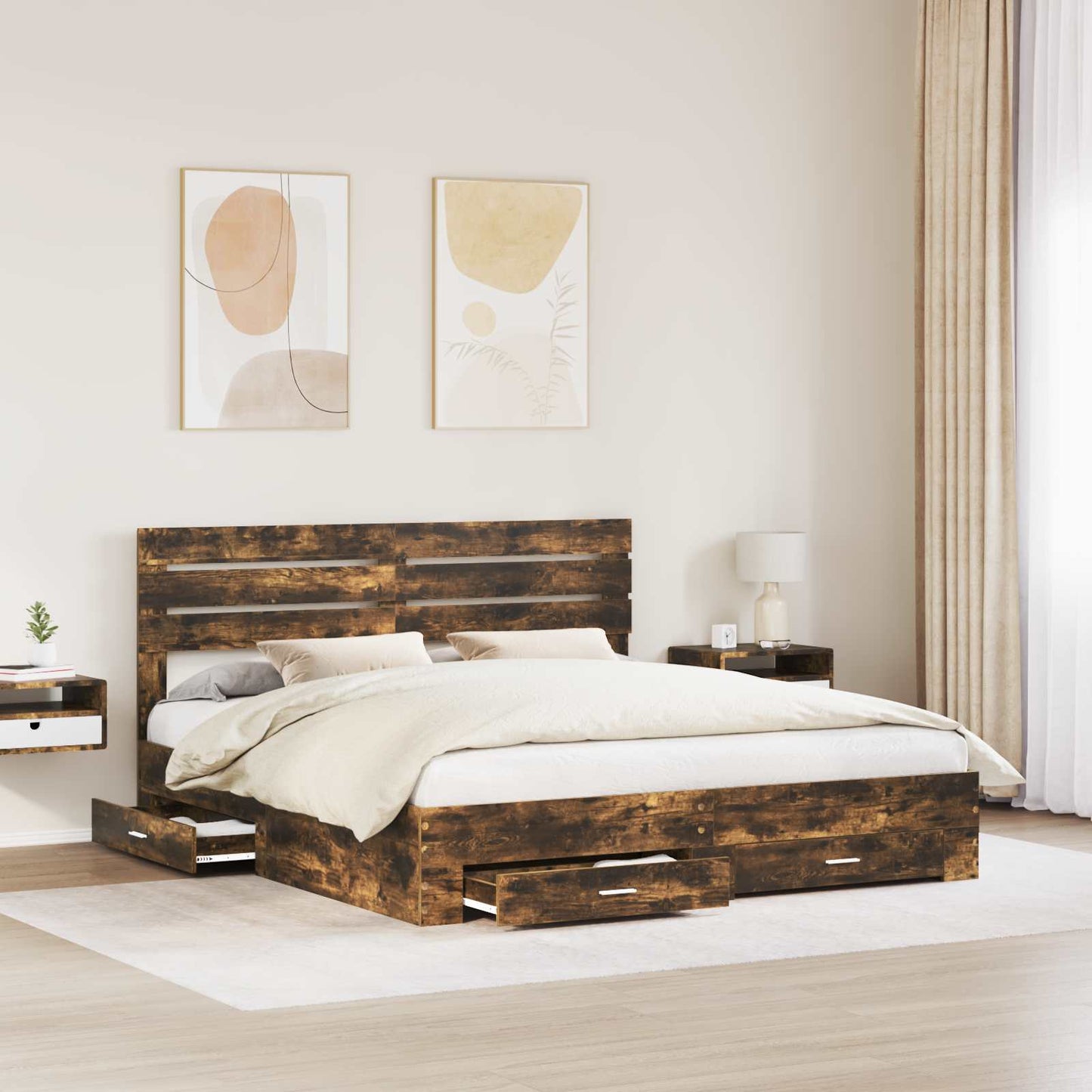 Bedframe met hoofdeinde Gerookt eiken 200 x 200 cm Bewerkt hout is nu te koop bij PeponiXL, paradijselijk wonen!