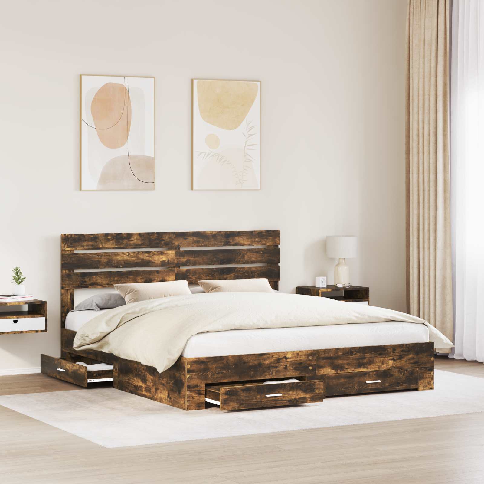 Bedframe met hoofdeinde Gerookt eiken 200 x 200 cm Bewerkt hout is nu te koop bij PeponiXL, paradijselijk wonen!