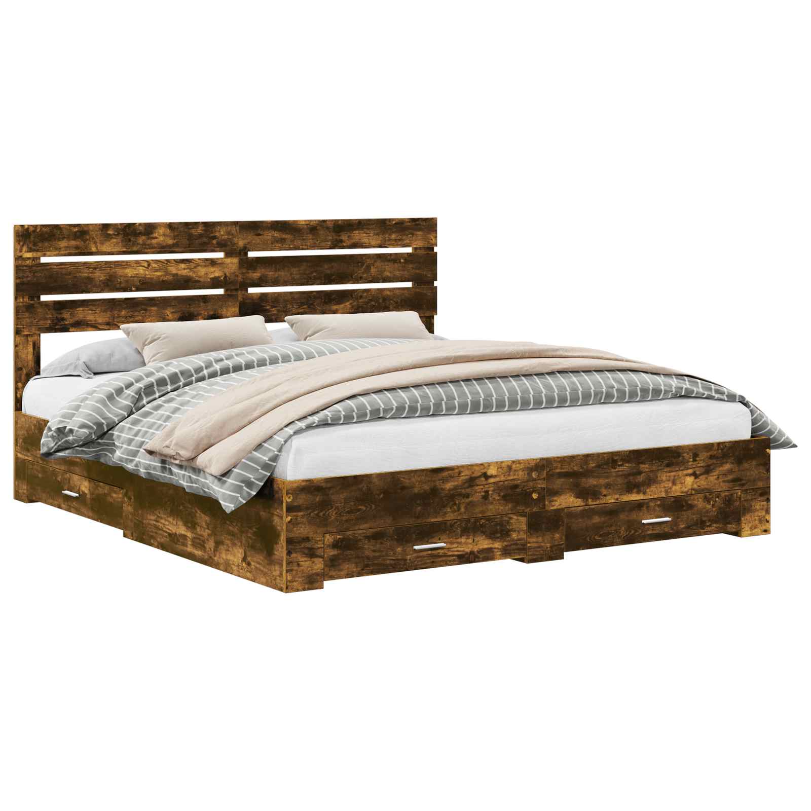 Bedframe met hoofdeinde Gerookt eiken 200 x 200 cm Bewerkt hout is nu te koop bij PeponiXL, paradijselijk wonen!