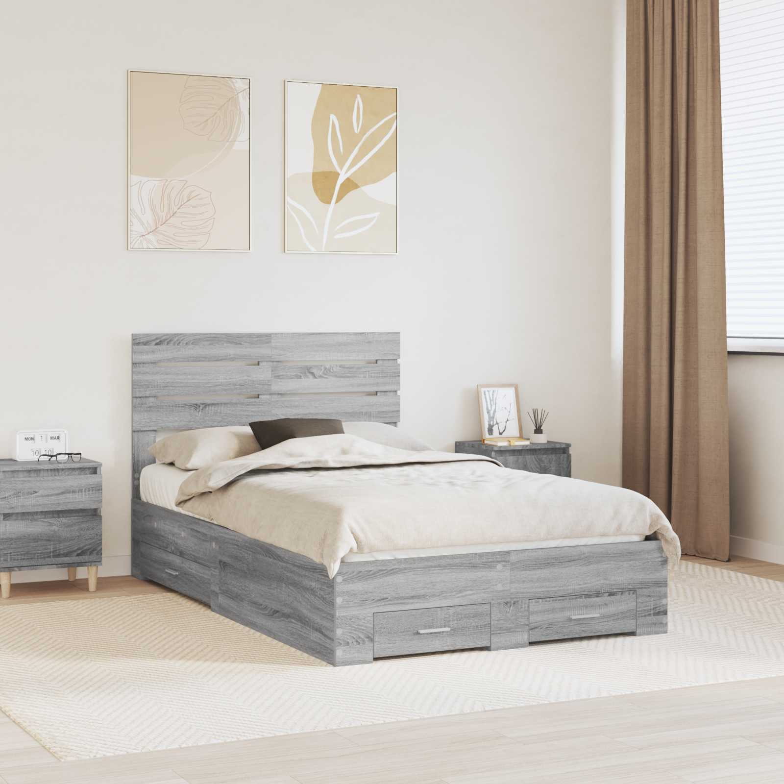 Bedframe met hoofdeinde Grijs Sonoma 135 x 190 cm Bewerkt hout is nu te koop bij PeponiXL, paradijselijk wonen!
