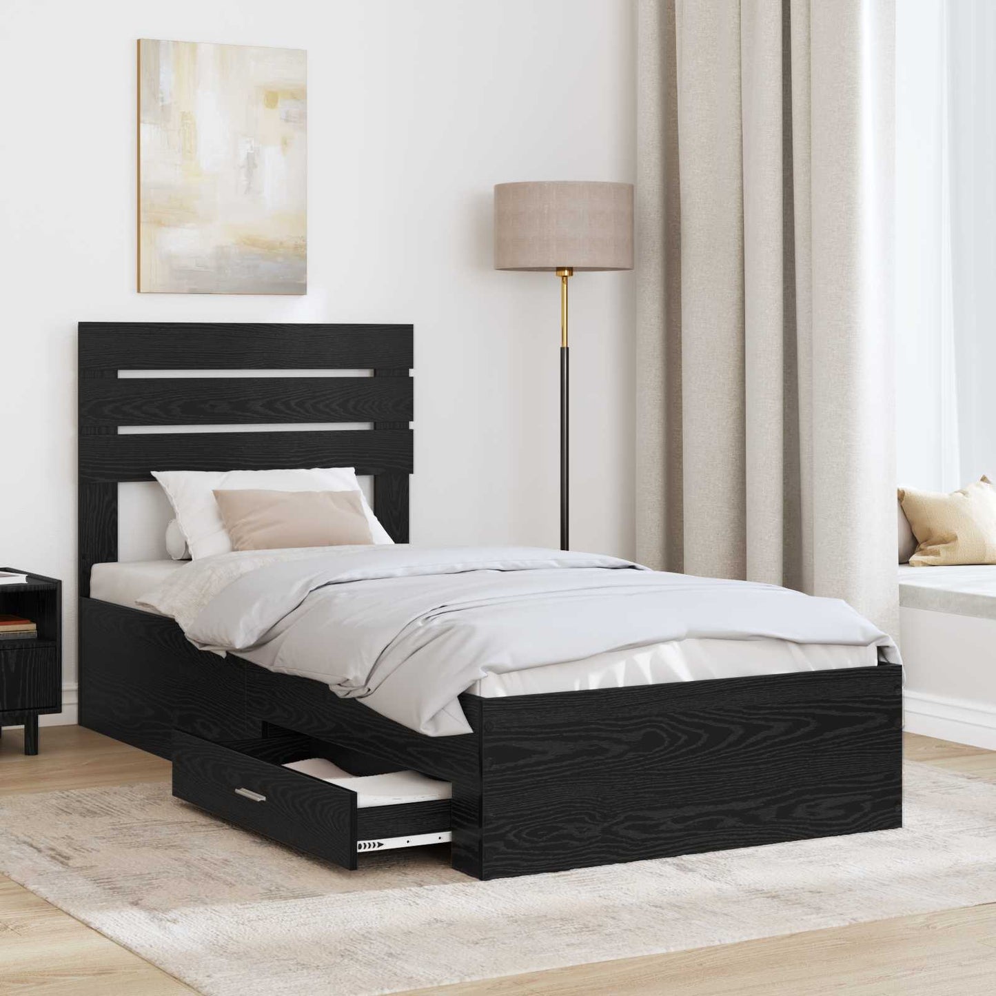 Bedframe met hoofdeinde Zwart Eiken 90 x 200 cm Bewerkt hout is nu te koop bij PeponiXL, paradijselijk wonen!