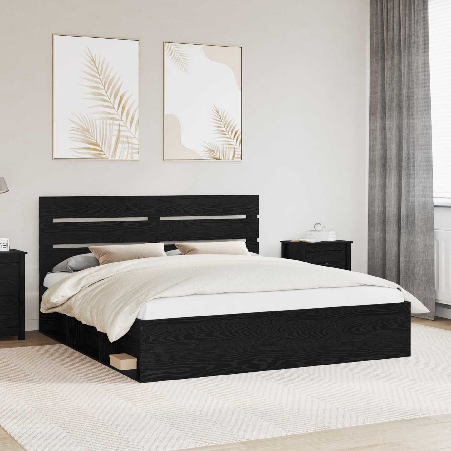 Bedframe met hoofdeinde Zwart 200 x 200 cm Massief grenenhout is nu te koop bij PeponiXL, paradijselijk wonen!
