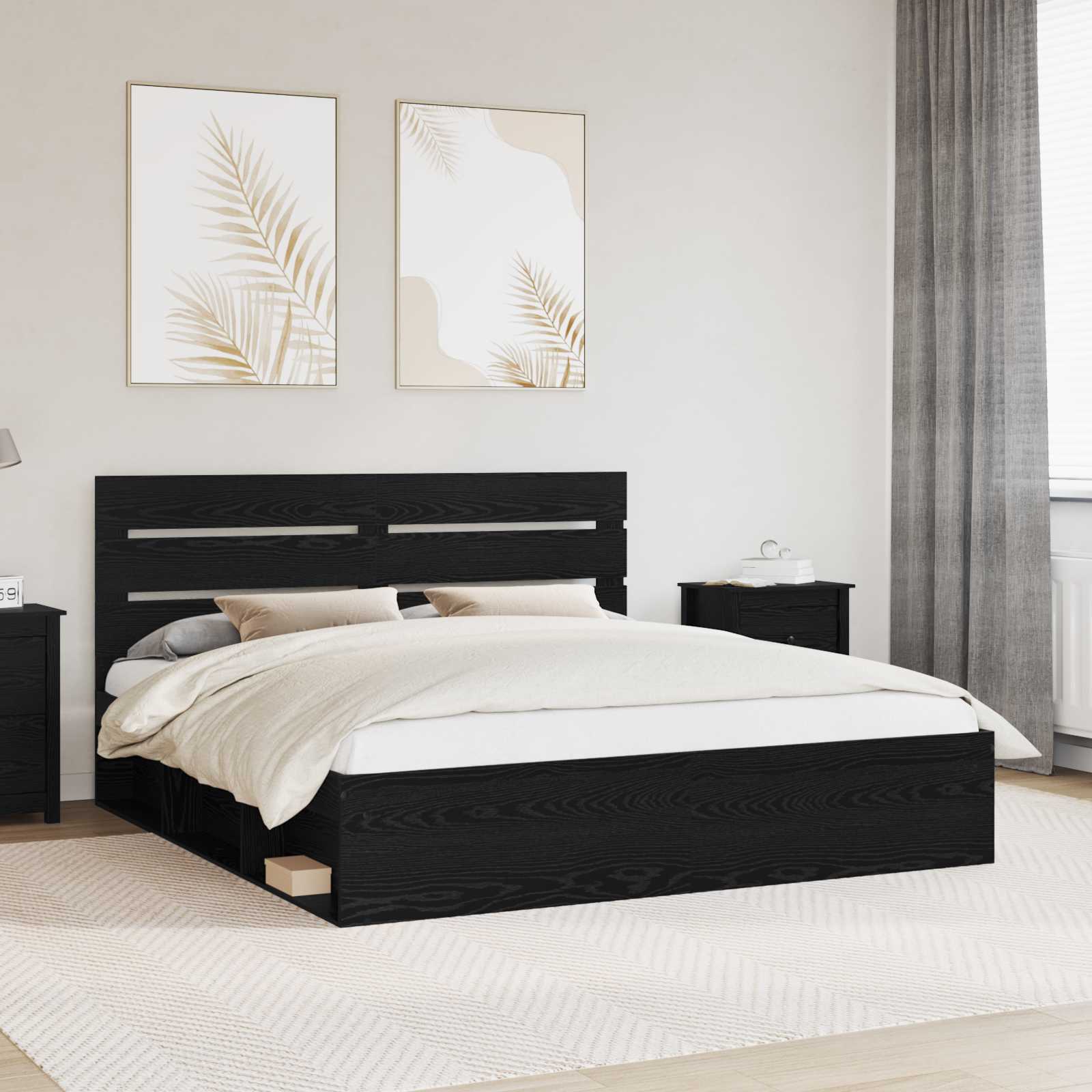 Bedframe met hoofdeinde Zwart 200 x 200 cm Massief grenenhout is nu te koop bij PeponiXL, paradijselijk wonen!