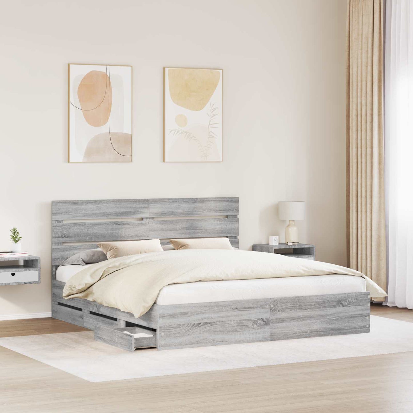 Bedframe met lade Grijs Sonoma 200 x 200 cm Ingenieurshout is nu te koop bij PeponiXL, paradijselijk wonen!