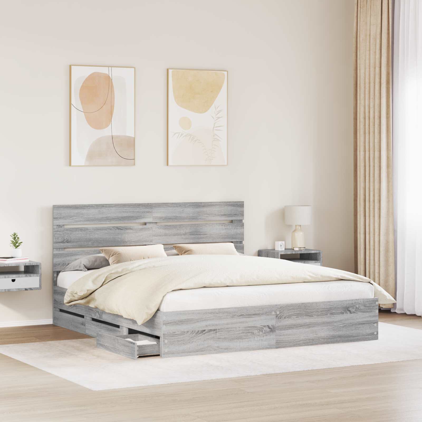 Bedframe met lade Grijs Sonoma 200 x 200 cm Ingenieurshout is nu te koop bij PeponiXL, paradijselijk wonen!