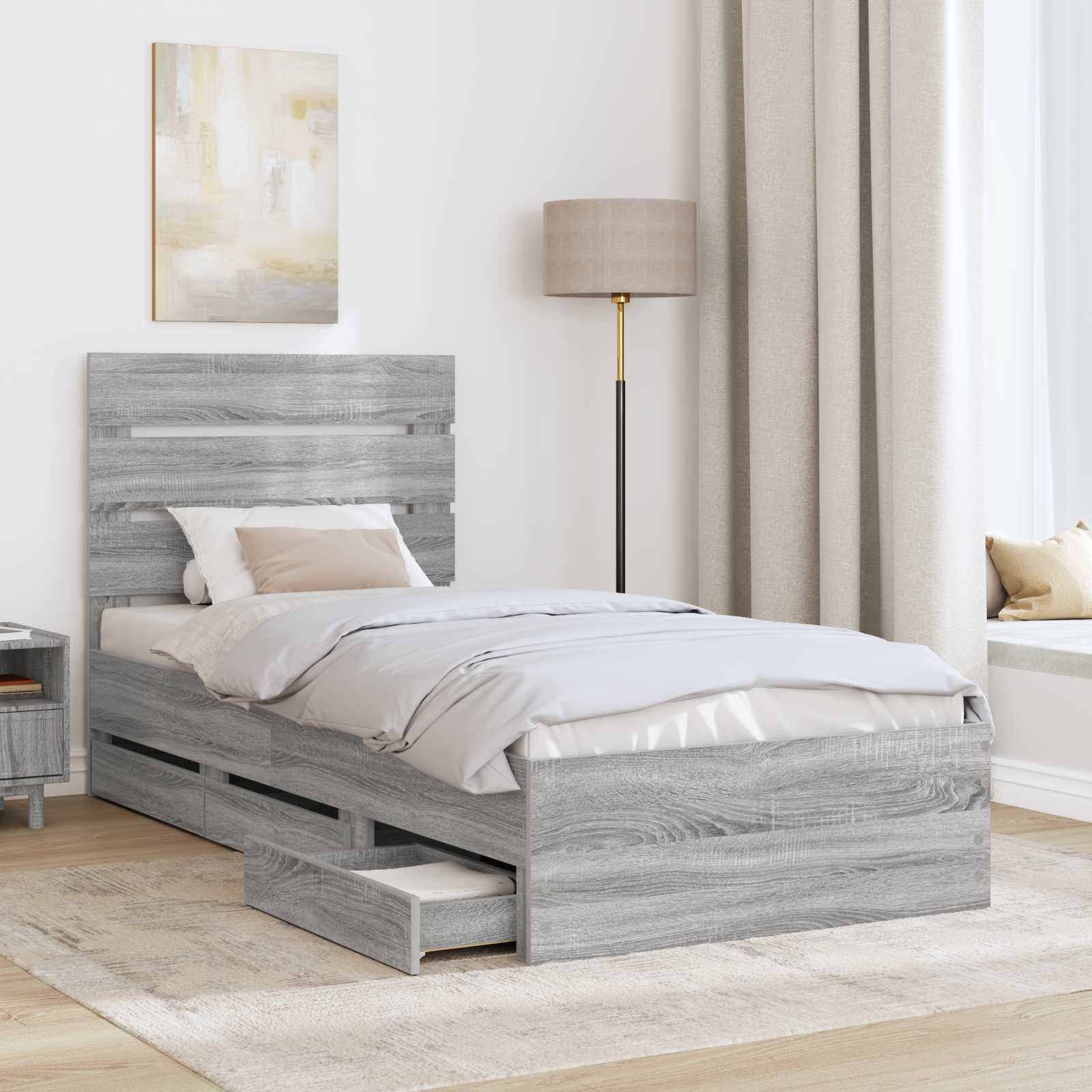 Bedframe met lade Grijs Sonoma 75 x 190 cm Ingenieurshout is nu te koop bij PeponiXL, paradijselijk wonen!